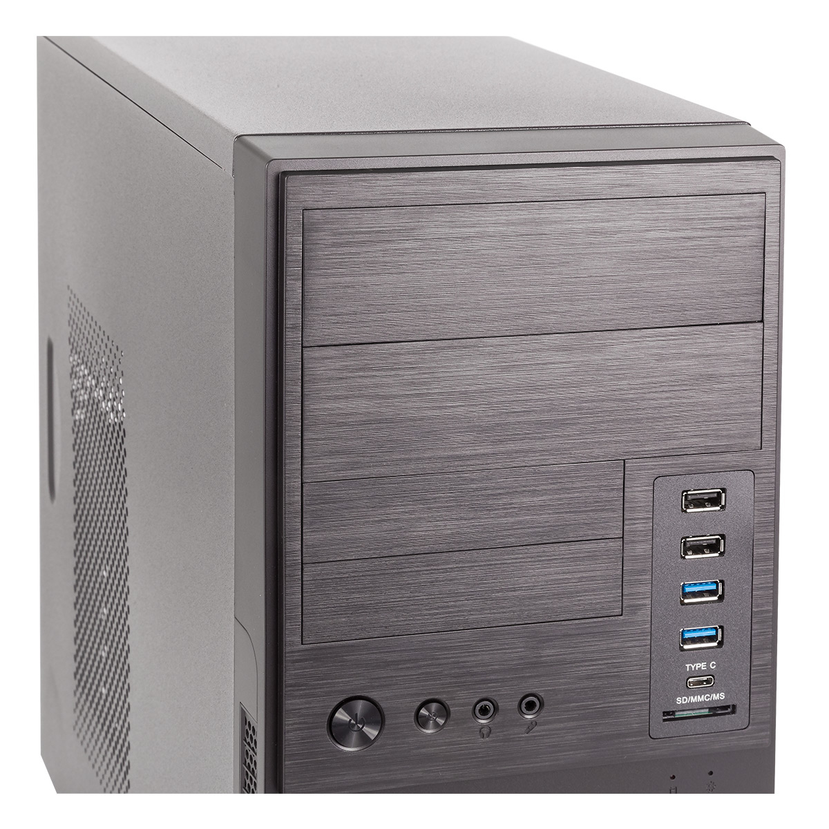 Vista frontale del case del computer argentato. Ha porte USB, Tipo C e SD.