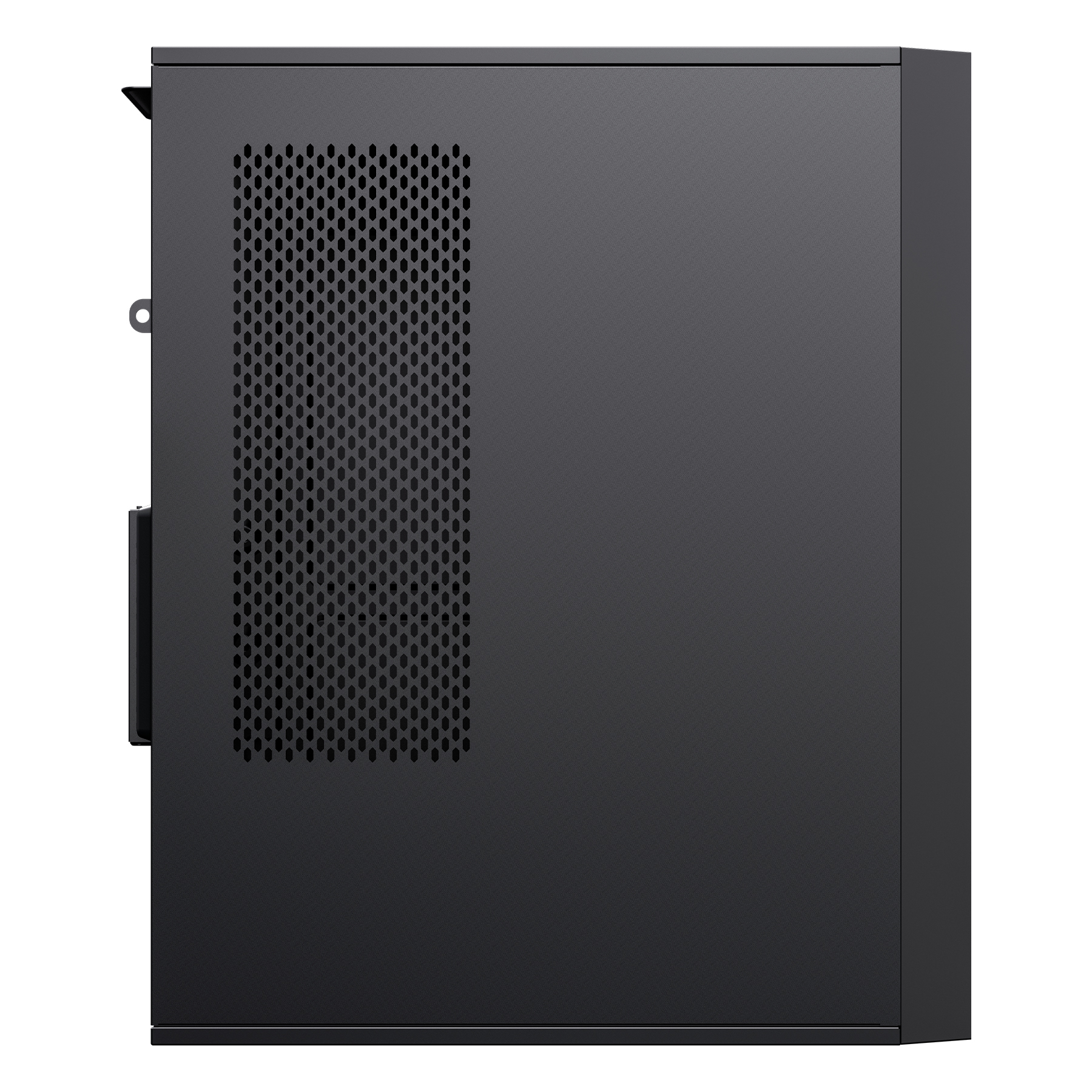 Vista laterale di case per computer nero con mesh, isolato su sfondo bianco.