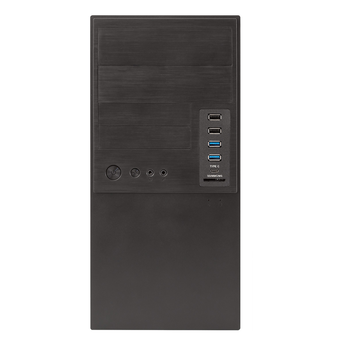 Vista frontale del case del PC nero. Ha pulsante di accensione, porte e slot per schede SD.