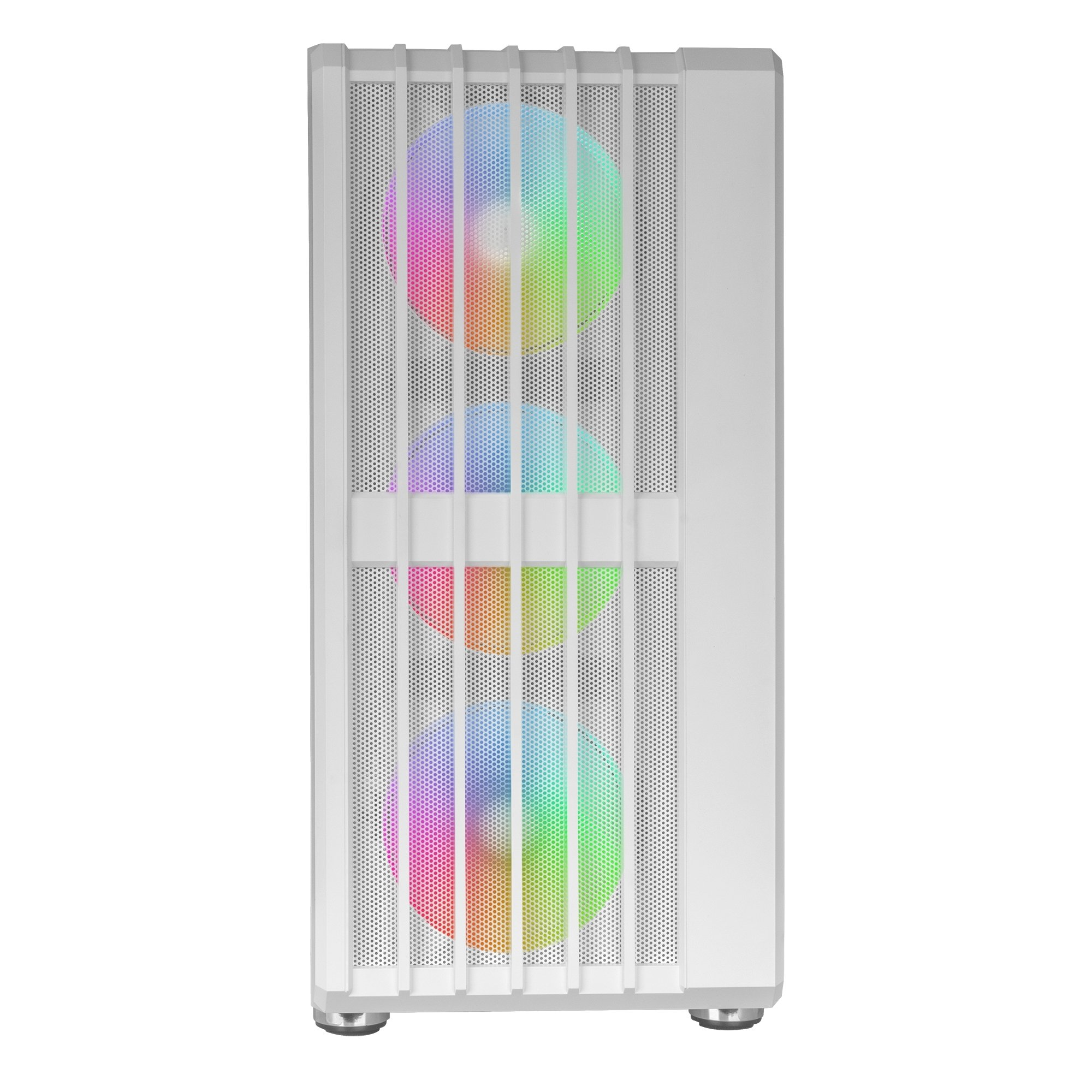 Biała obudowa komputera z wentylatorami RGB. Przedni grill z pionowymi prętami.