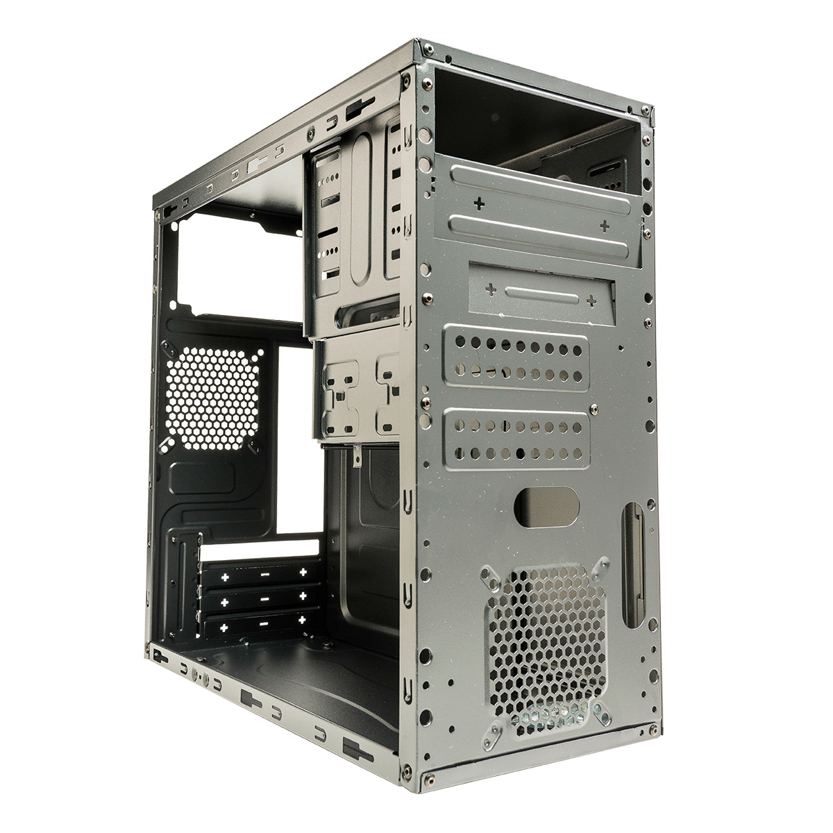 Interno di un case per computer aperto. Il telaio è argentato e ha vari punti di montaggio.