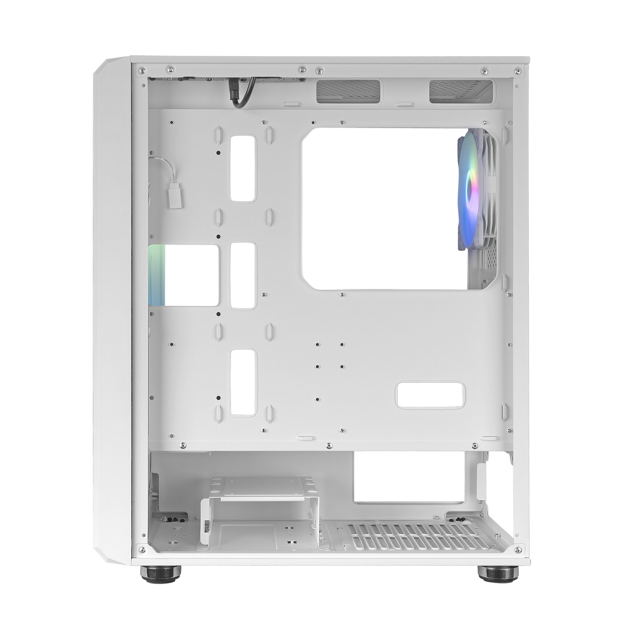 Pusta biała obudowa komputera z wentylatorem pokazującym kolorowe światła i różnymi otworami montażowymi.
