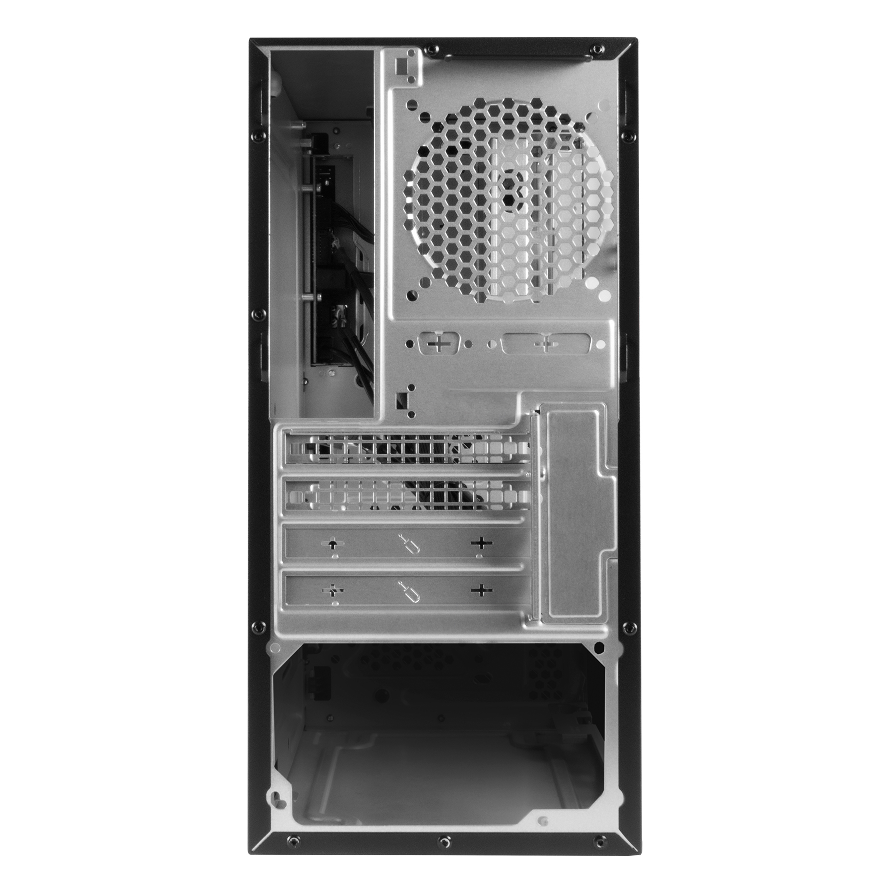Vista posteriore di un case per computer, che mostra ventola, slot e aperture.