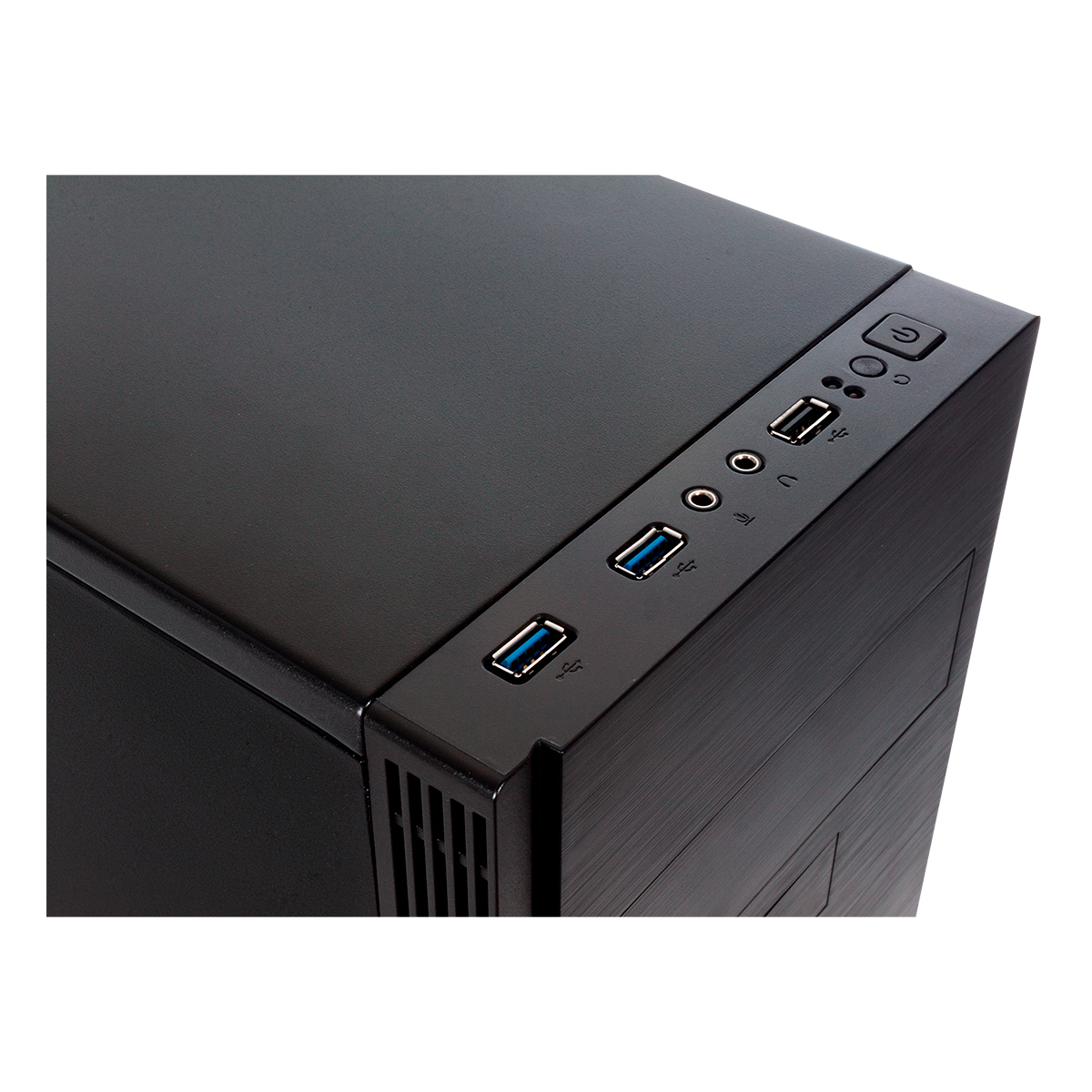 Primo piano del case del computer nero con porte USB e audio. Pulsanti di accensione e reset.