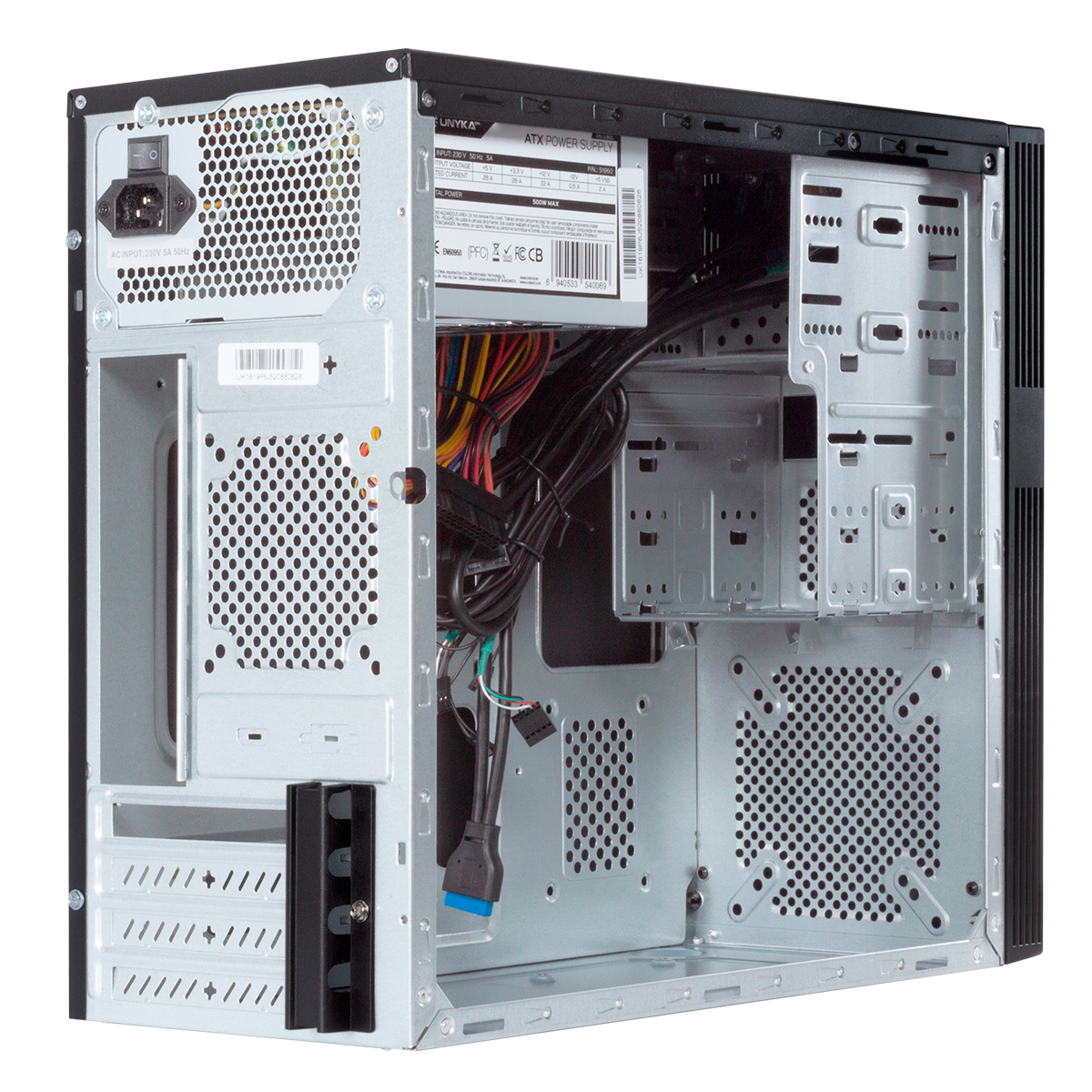 Vista interna del case del computer. Alimentatore, cavi e componenti interni sono visibili.