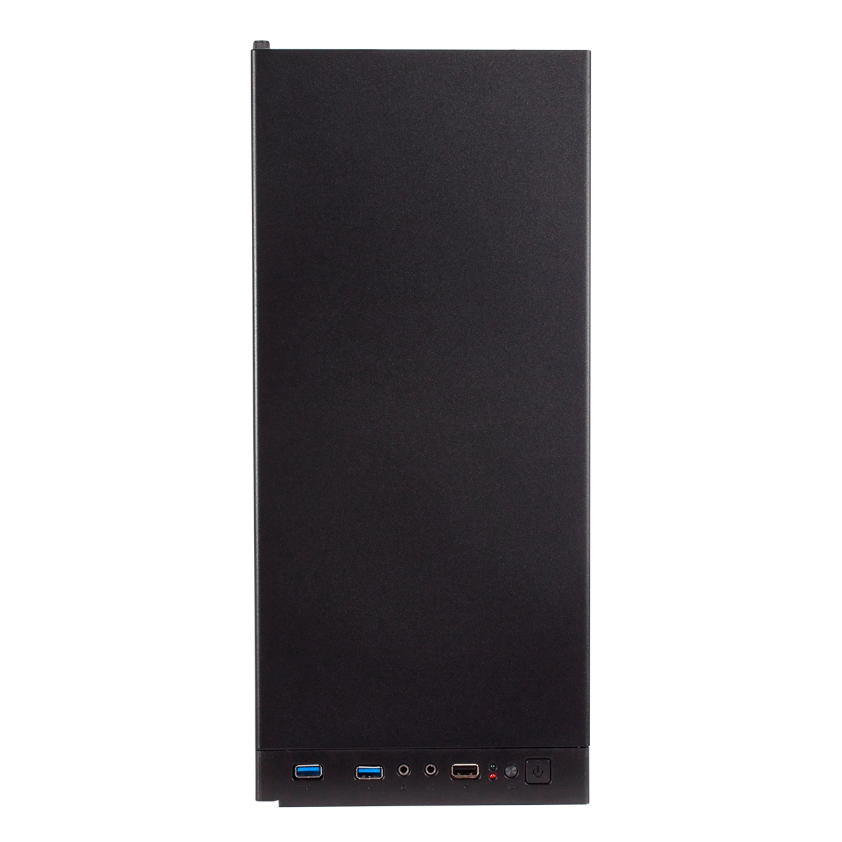 Un case per computer nero con un pulsante di accensione e porte sul lato.