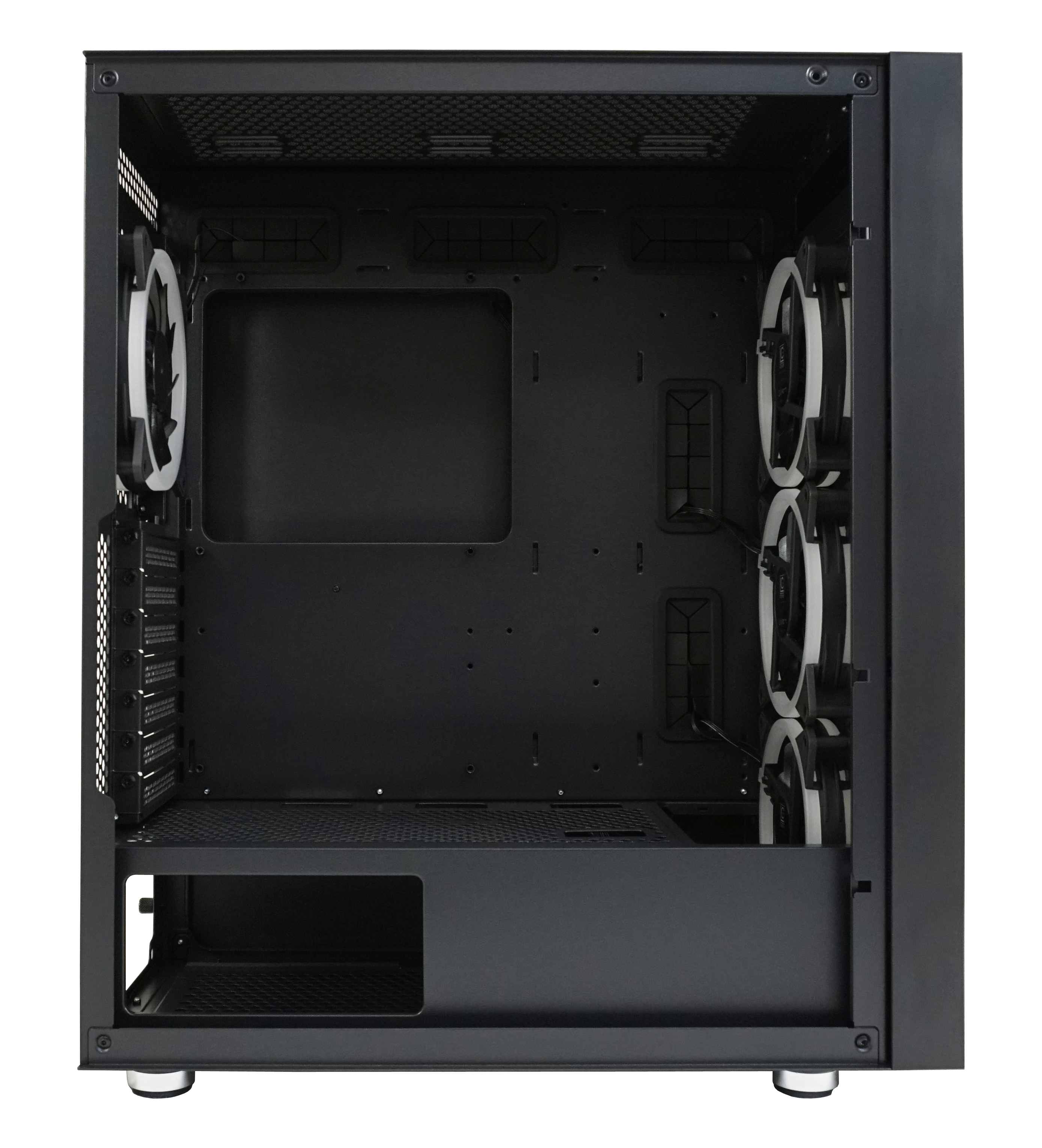 Wnętrze czarnej obudowy komputera, pokazujące wentylatory i strukturę obudowy, na białym tle.