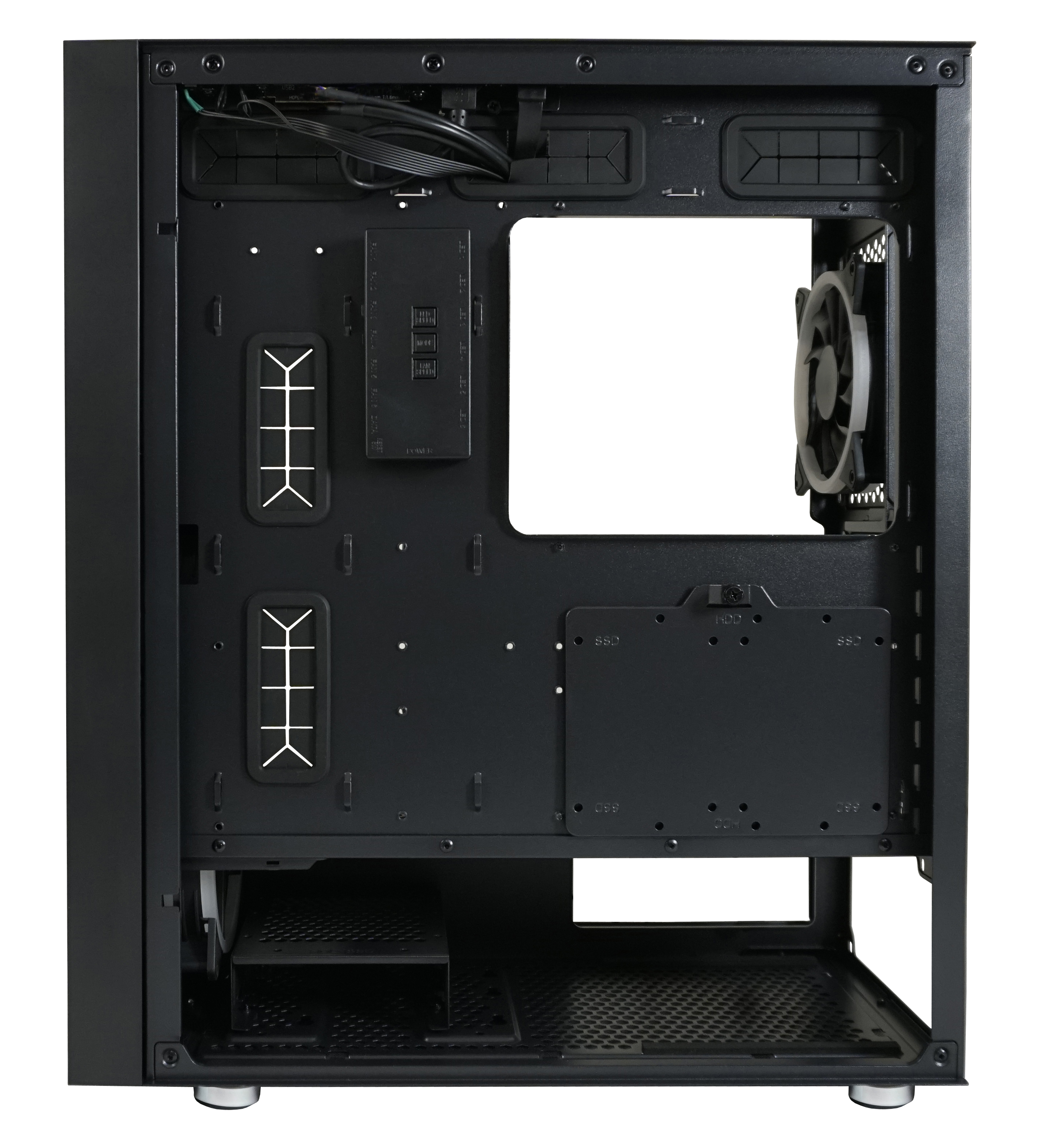 Wnętrze czarnej obudowy komputera. Otwarta konstrukcja z obszarami montażu.