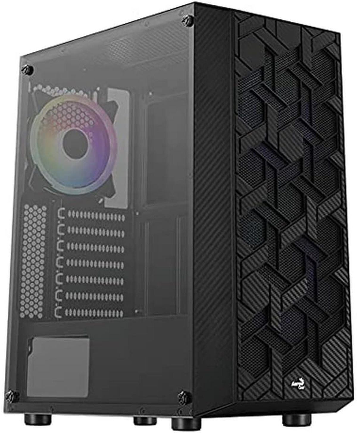 Case per computer nero con pannello laterale in vetro e frontale a motivi. Ventola con illuminazione RGB.