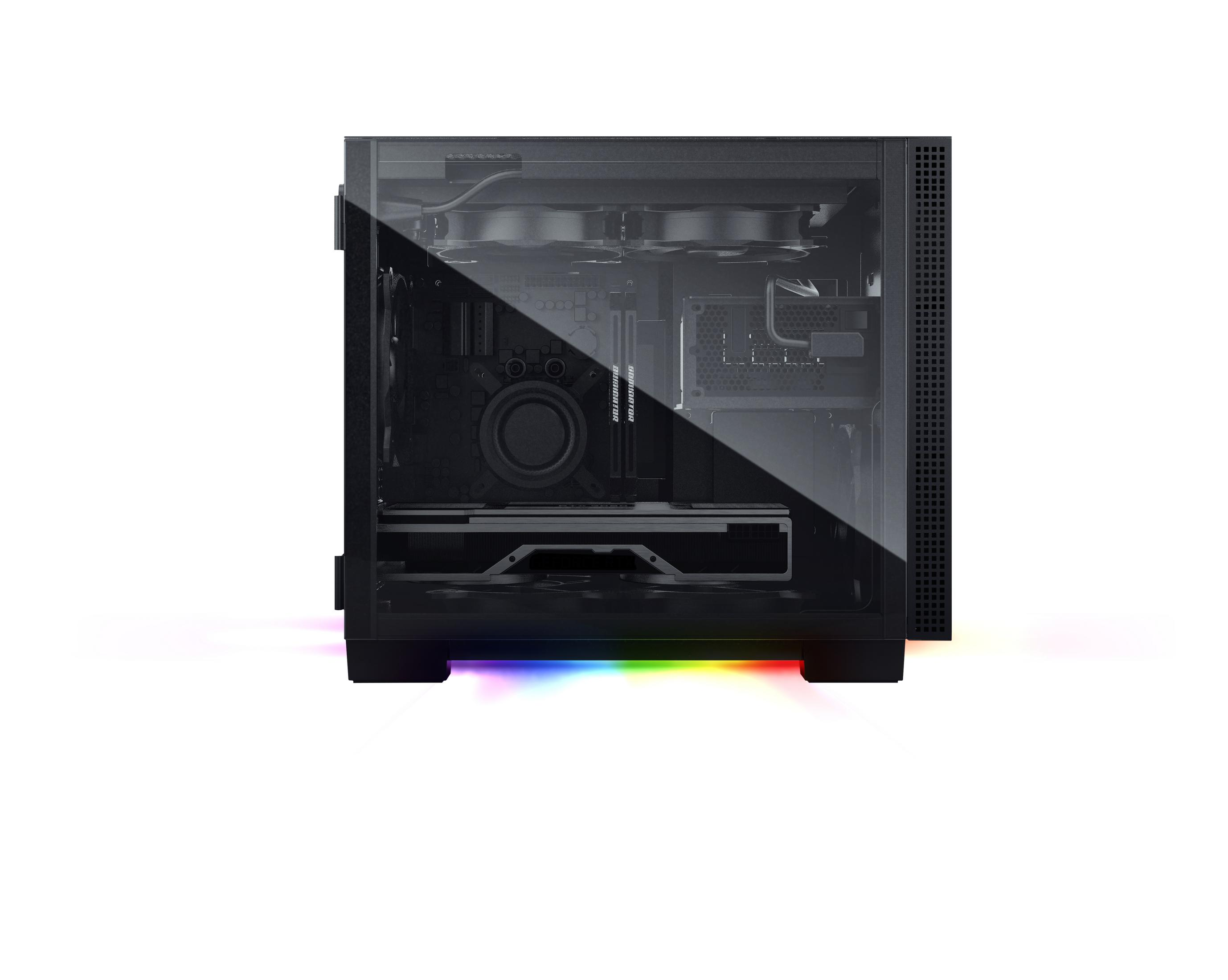 Wewnątrz czarnej obudowy komputera ze składnikami: kartą graficzną, wentylatorami i innymi.