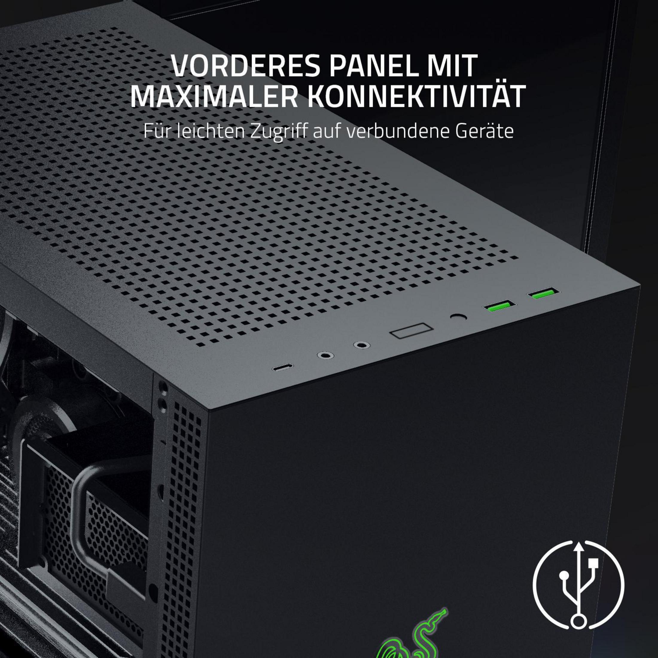 Czarna obudowa komputera z tekstem, zielonymi światłami i portami. Pokazuje przedni panel.