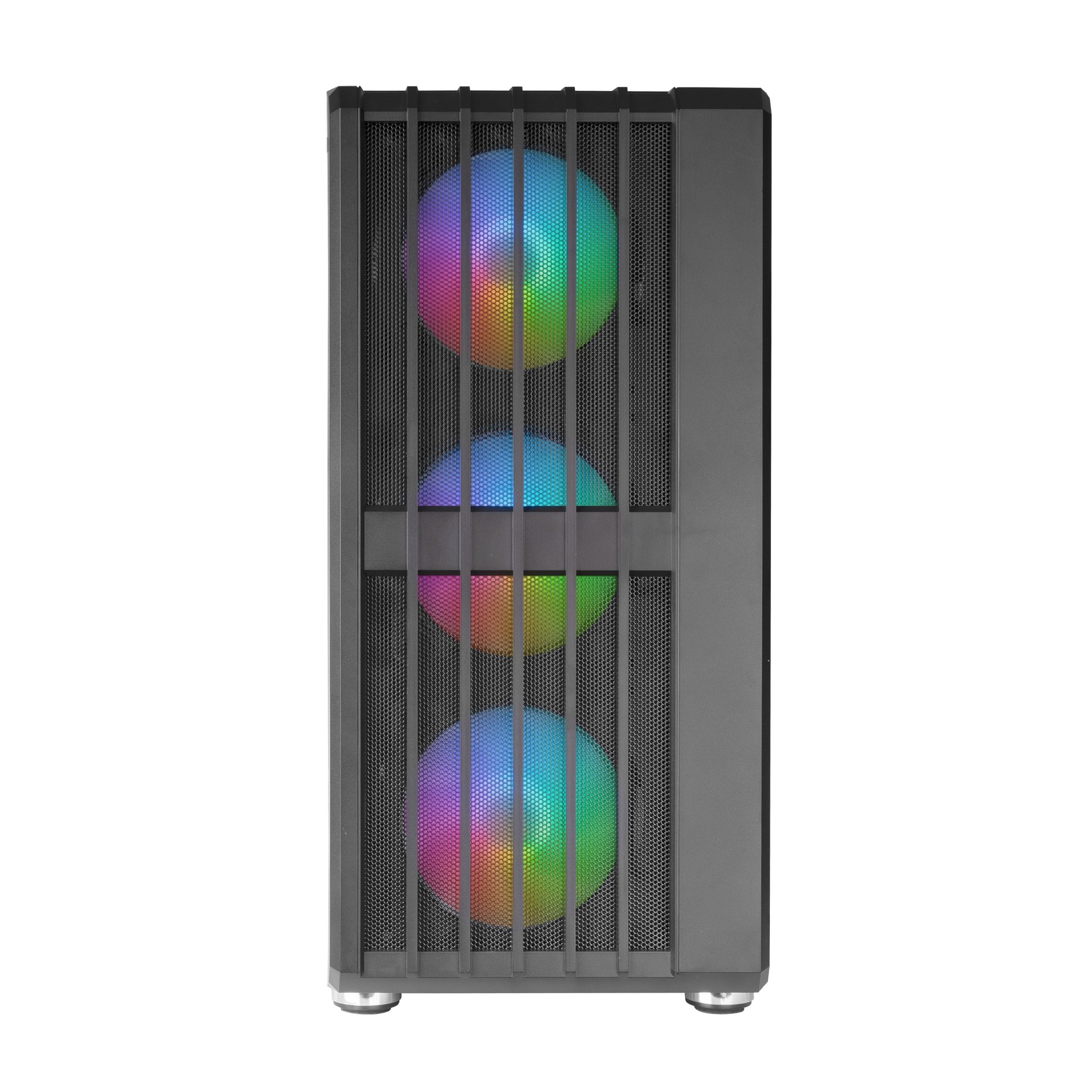 Case nero con pannello frontale con tre ventole RGB dietro un design a rete.