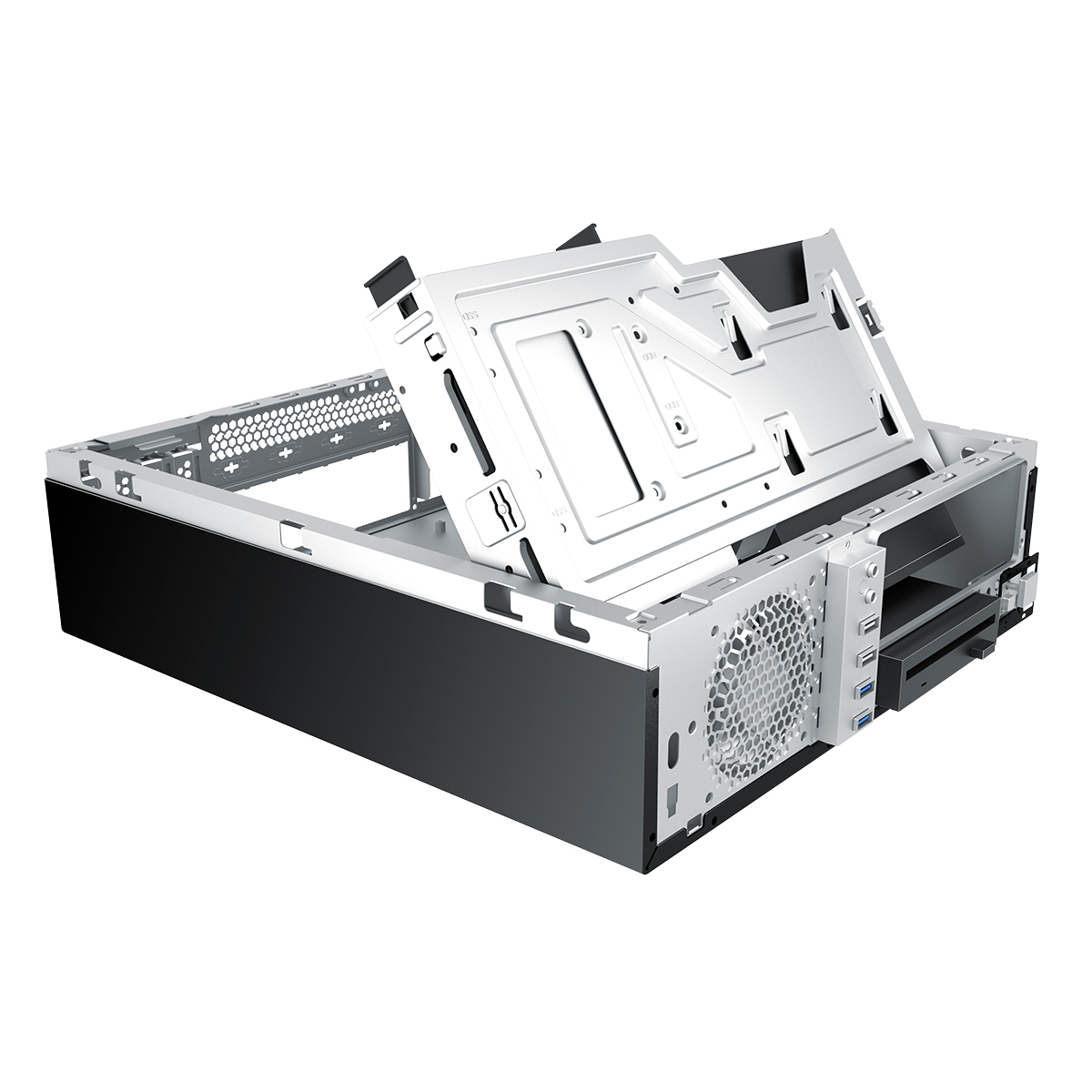 Una caja de computadora con la parte superior abierta, interior plateado y exterior en blanco y negro.