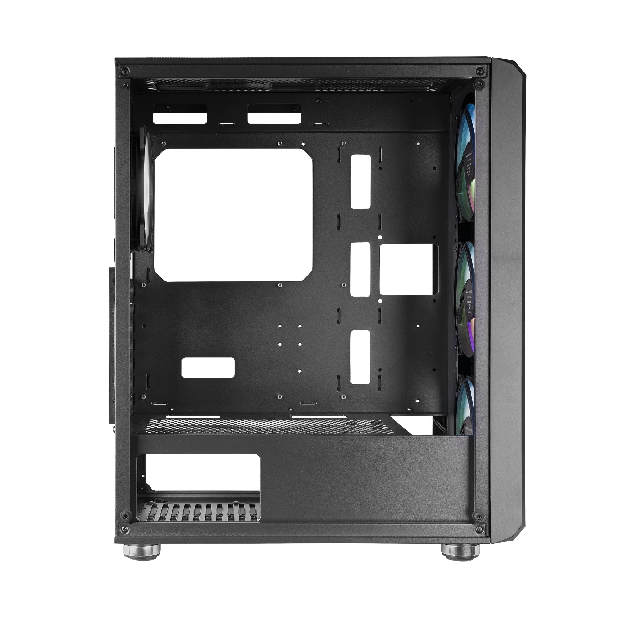 Case PC nero, vista aperta. Interno con ventole e componenti.