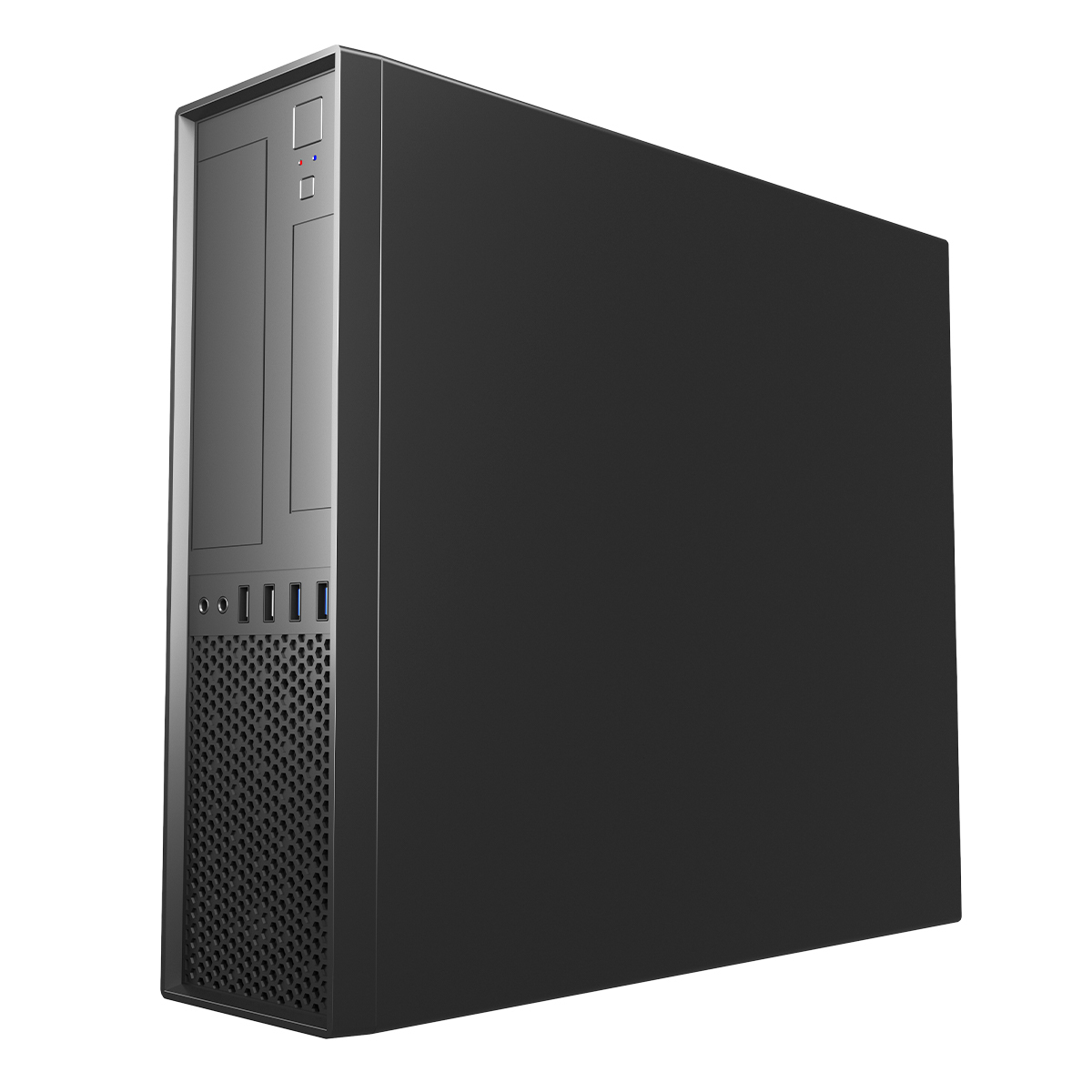 Caja de ordenador negra con puertos en el panel frontal. Tiene un diseño limpio y minimalista.