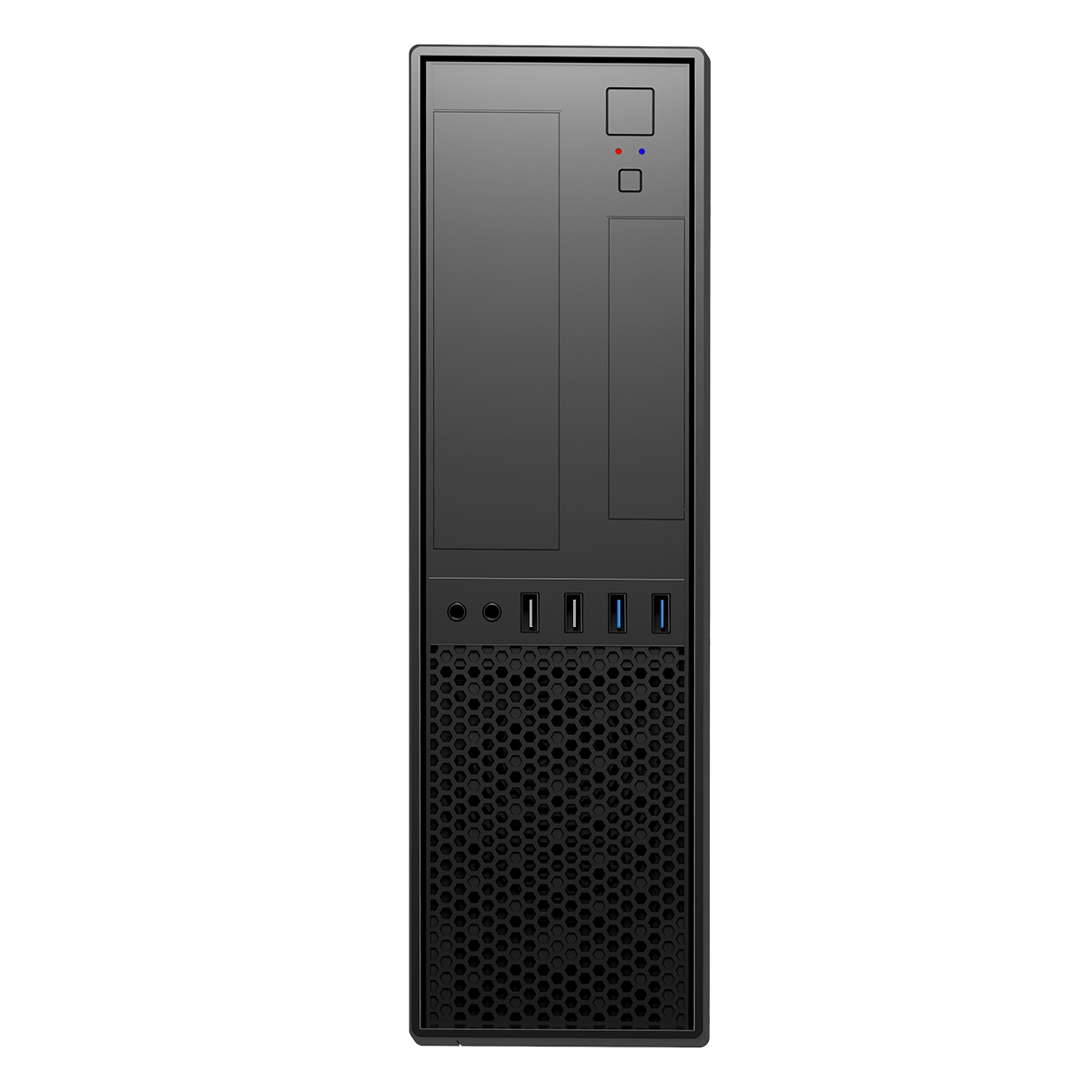 Caja de PC negra, vista frontal, con puertos y ventilación, sobre fondo blanco.