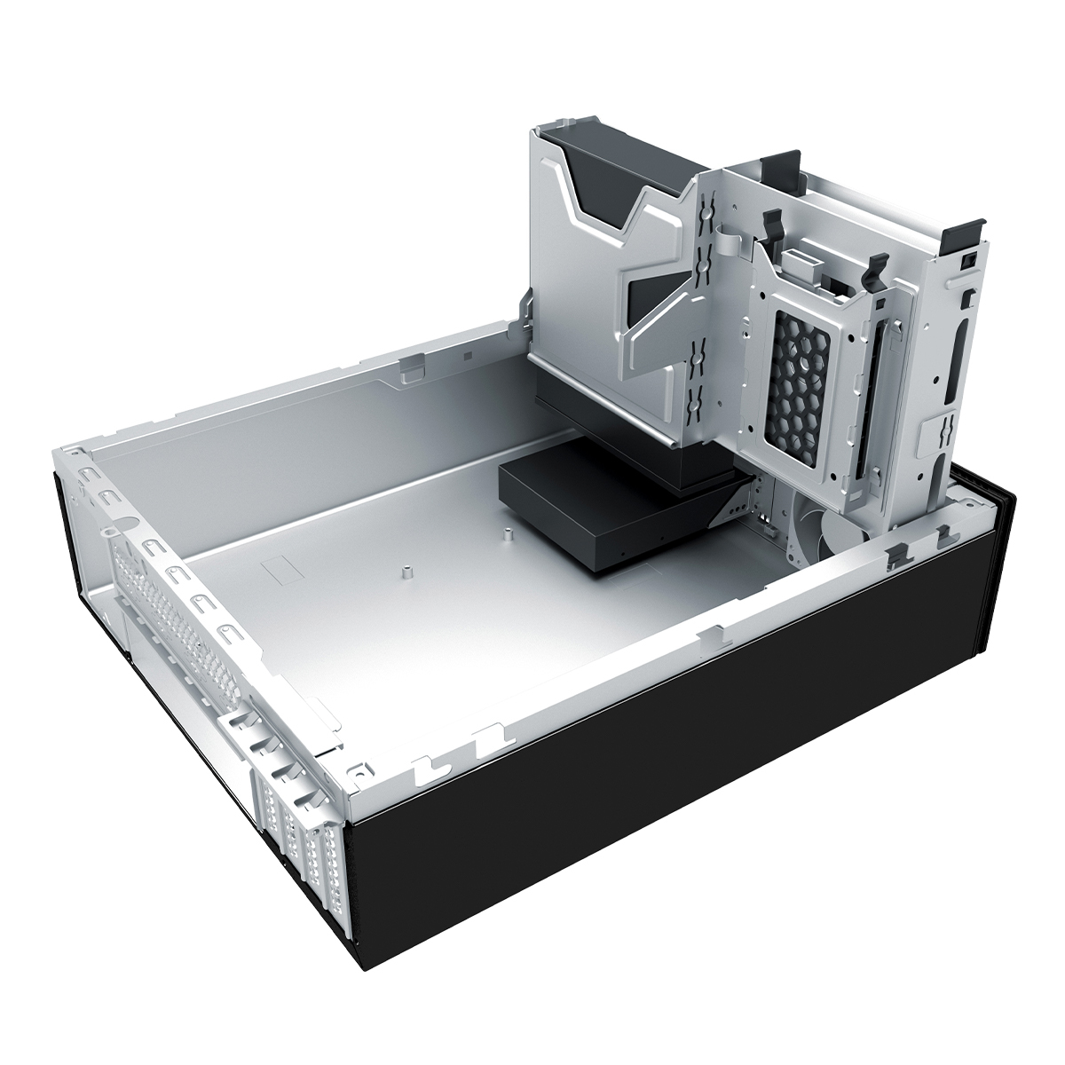 Interior de la caja de PC, vacío. Compartimentos y soportes visibles para componentes.
