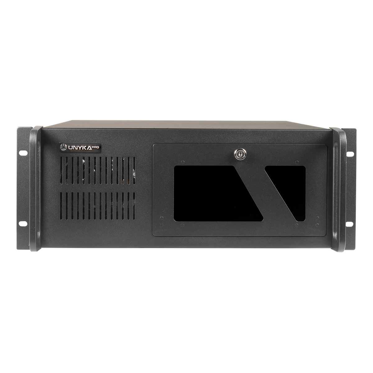 Case per rack server nero con una presa d'aria, un pannello con serratura e un logo.