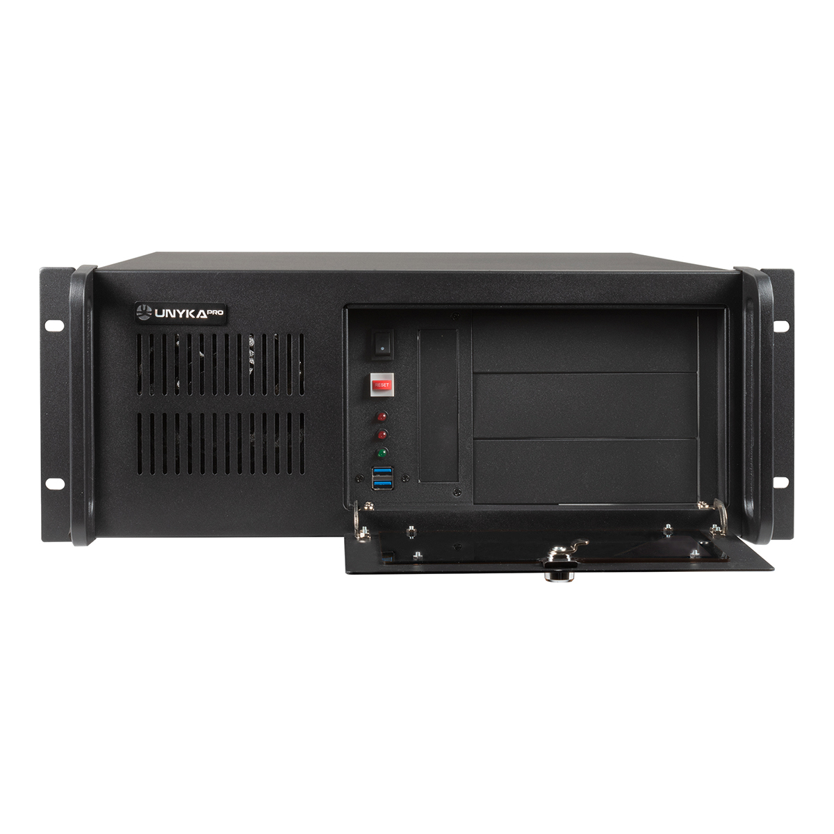 Case per computer nero con pannello frontale aperto. Include pulsante di accensione, porte USB e ventilazione.