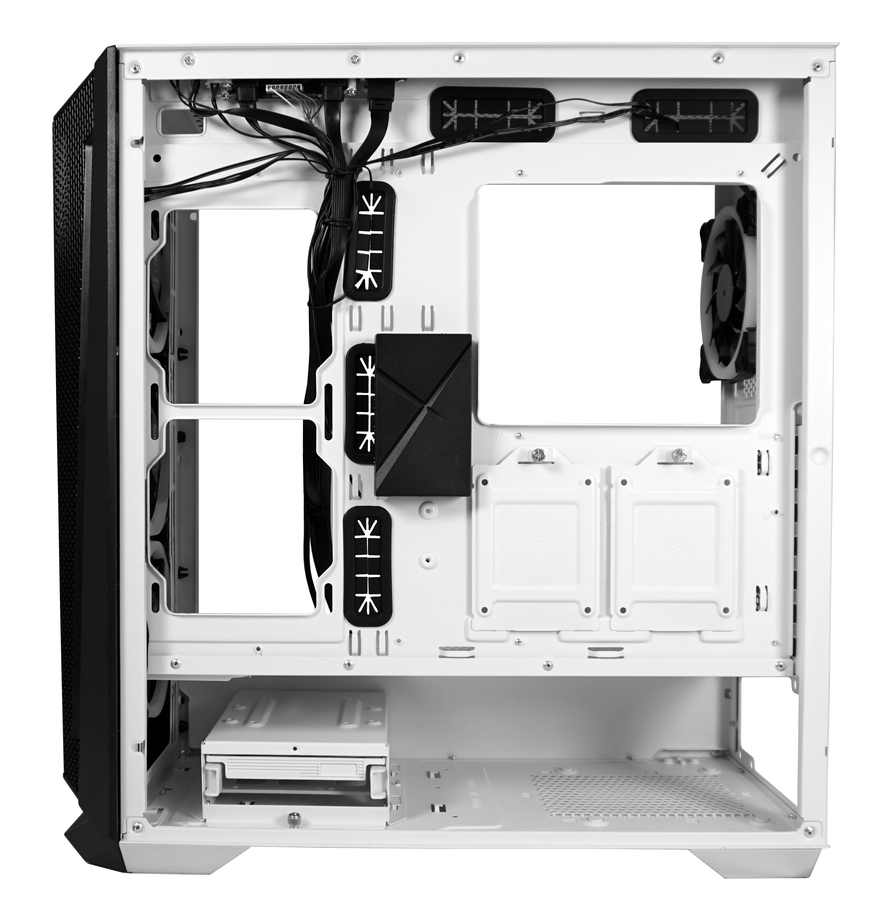 Inside a computer case with components, cables, and fans. A white interior.