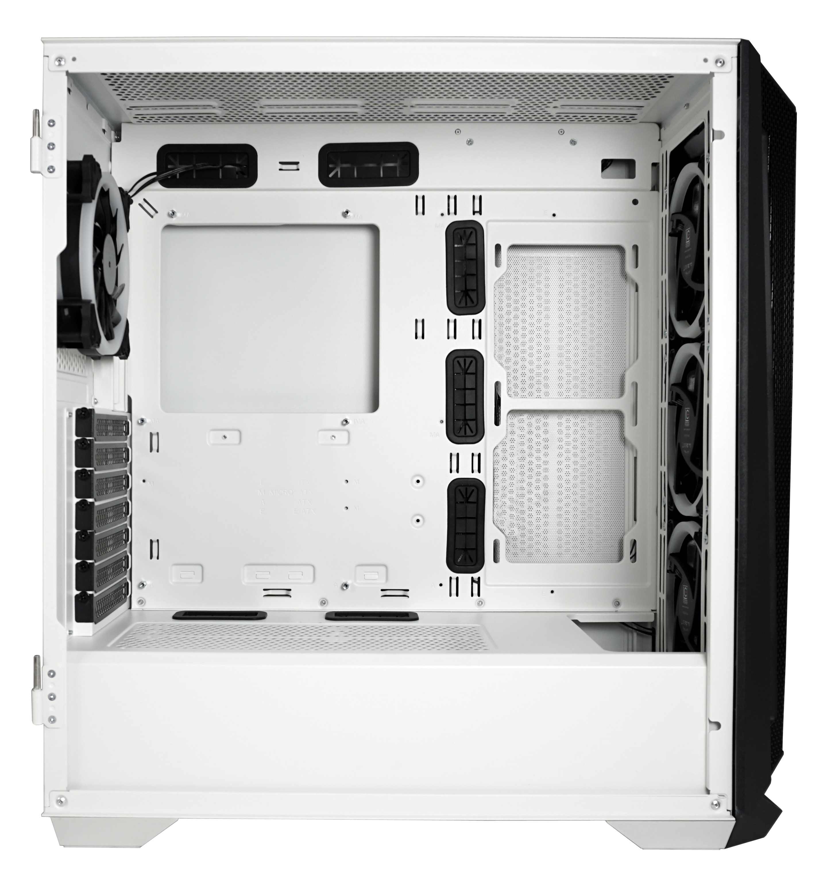 White PC case interior. Open design, fans, mounting areas, and components.