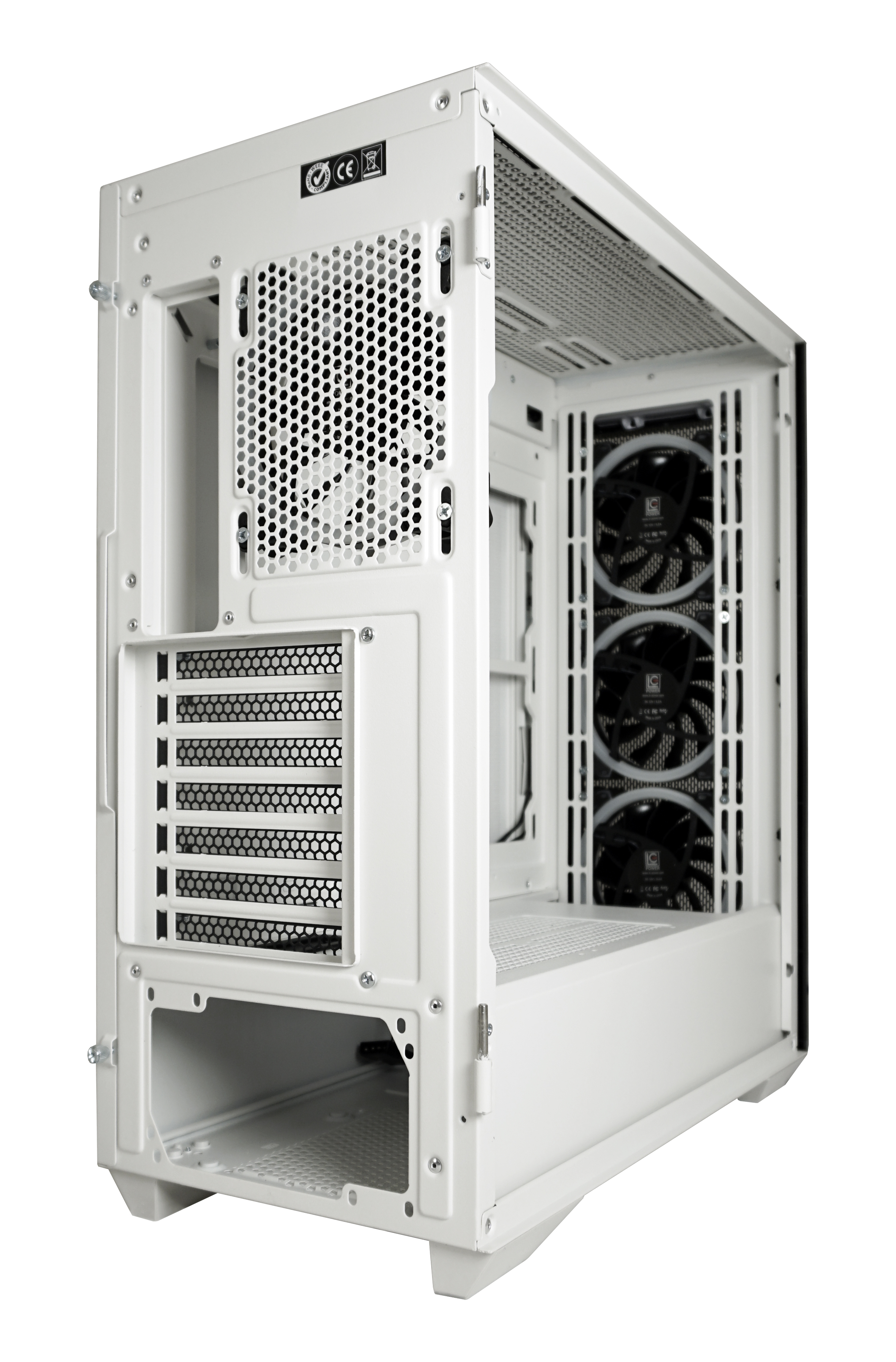 White computer case back with fan and mesh designs, isolated on white background.