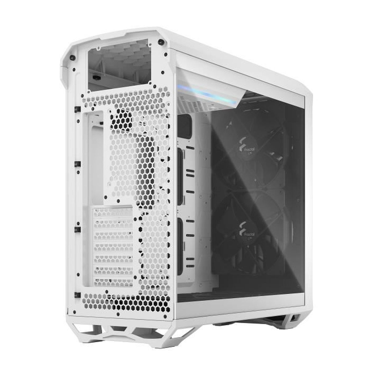Weißes PC-Gehäuse mit transparentem Seitenteil, offen, mit Lüftern und Komponenten.