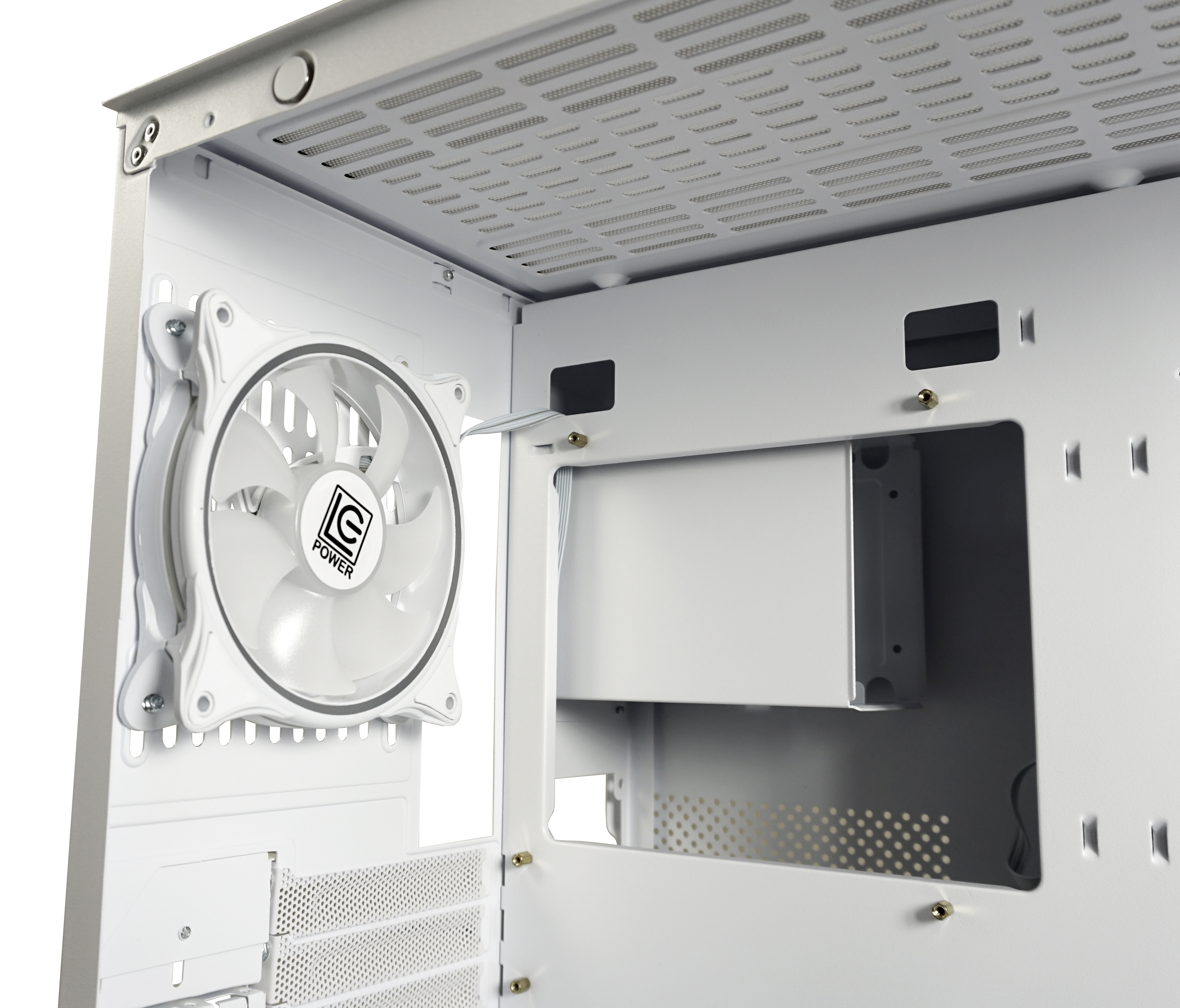 Weißes Computergehäuse-Interieur mit Lüfter und Markenlogo. Detaillierte Ansicht der Komponenten.