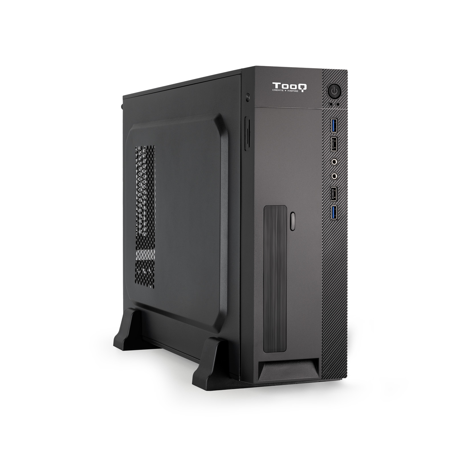 Case PC nero con supporto, vista frontale, con logo, su sfondo bianco.