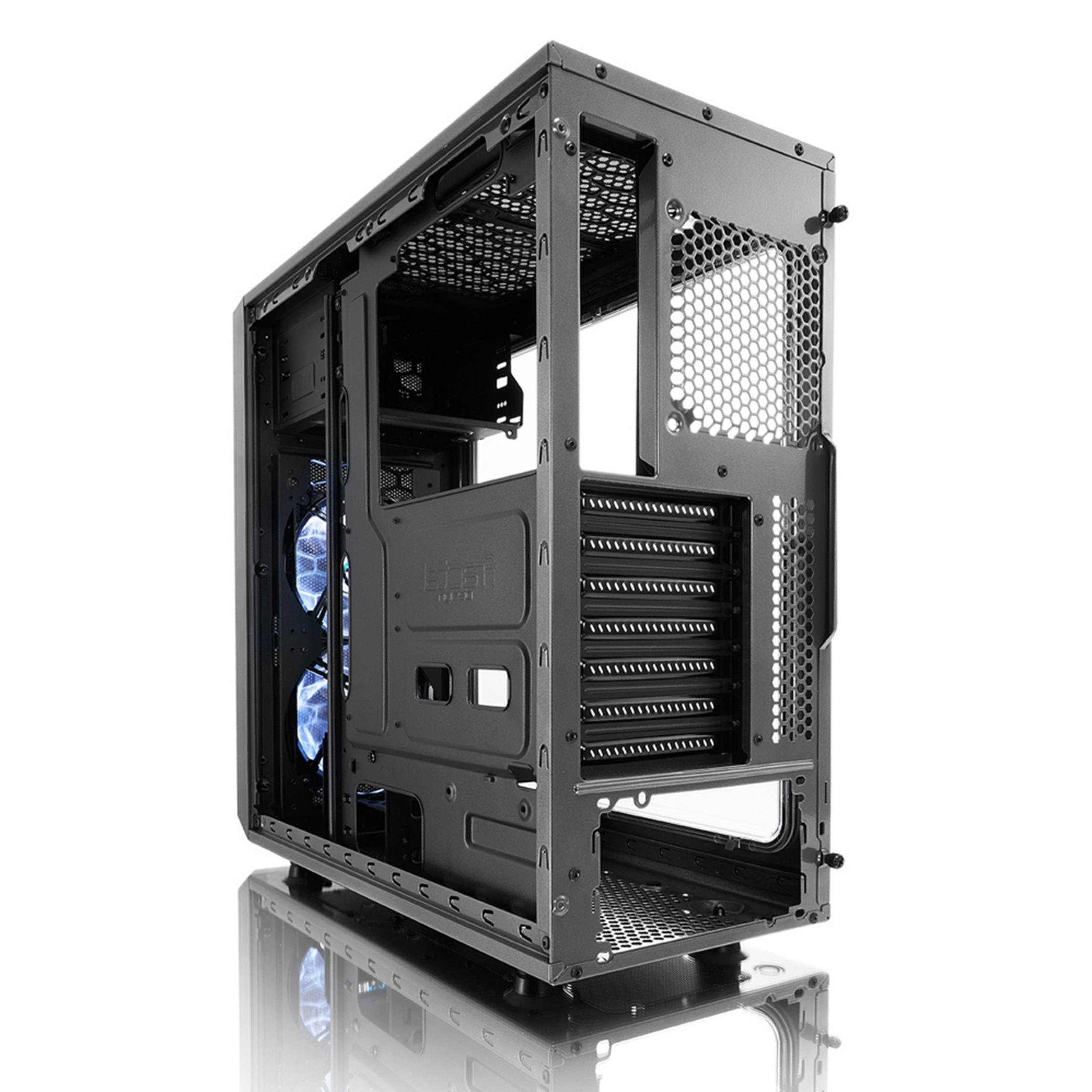 Schwarzes PC-Gehäuse, offen, mit Lüftern und Komponenten, auf reflektierender Oberfläche.