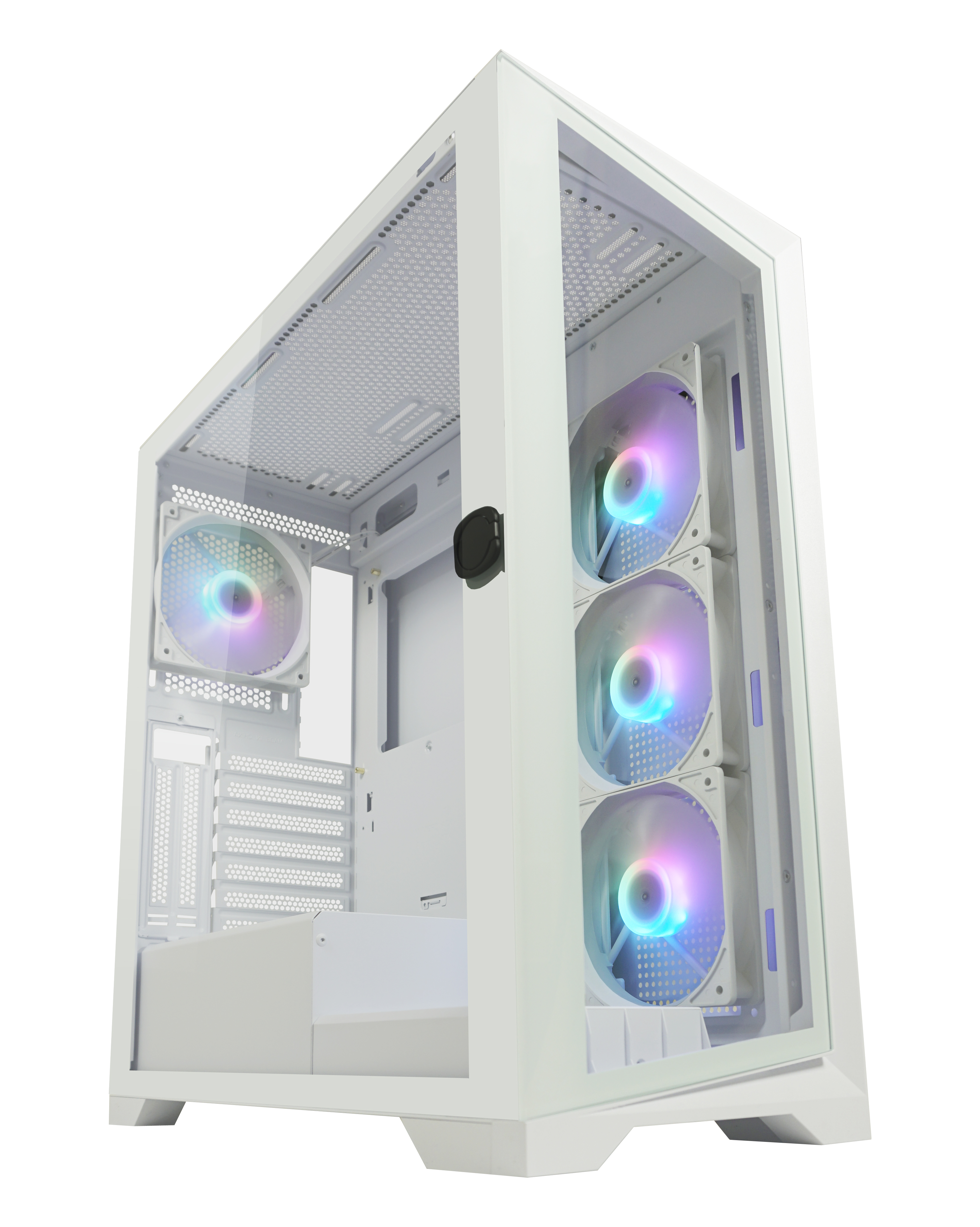 Biała obudowa komputera z przezroczystym panelem bocznym i kolorowymi wentylatorami, wnętrze.