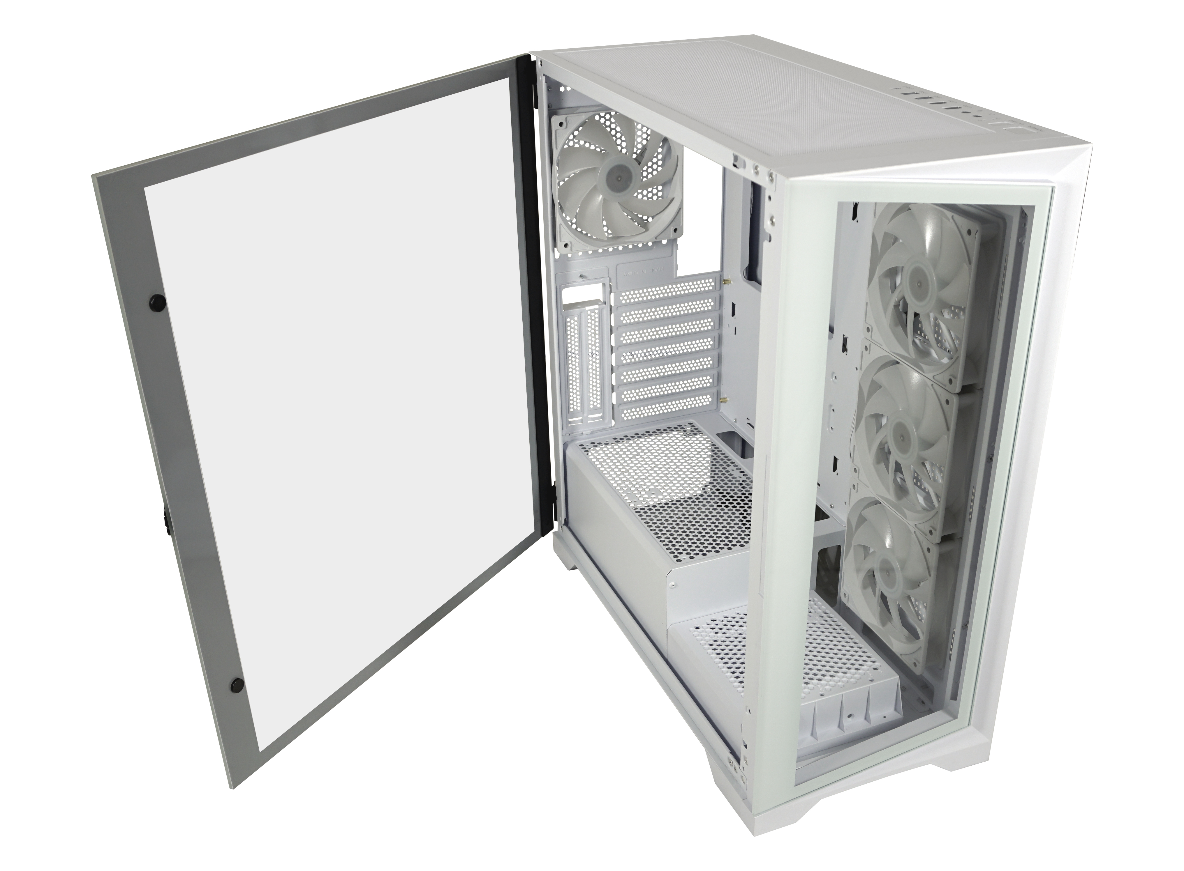 Biała obudowa komputera z otwartym szklanym panelem bocznym. Widać elementy wewnętrzne.