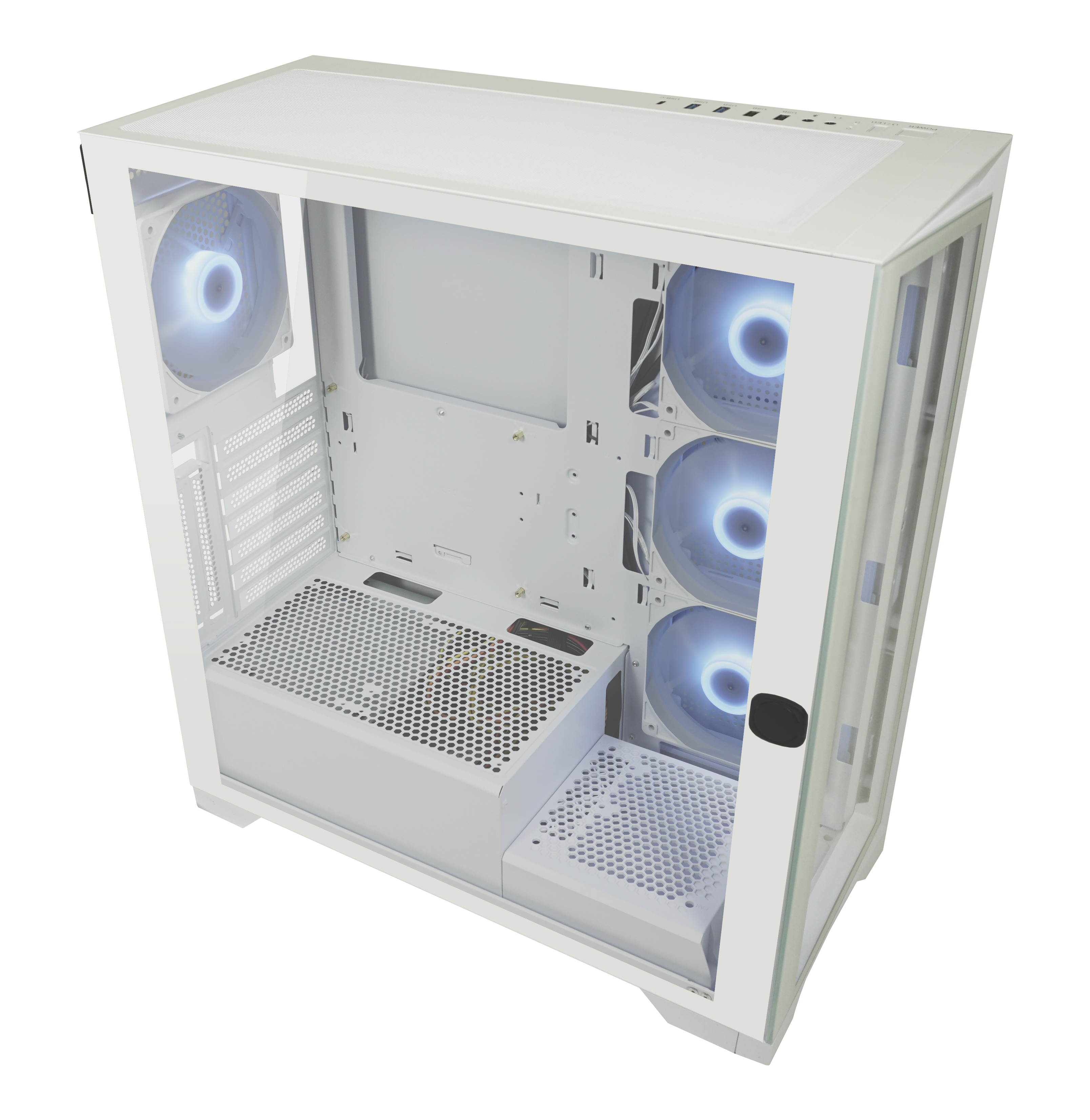 Biała obudowa komputera z panelem szklanym, wentylatorami i widocznymi komponentami, widok z boku.
