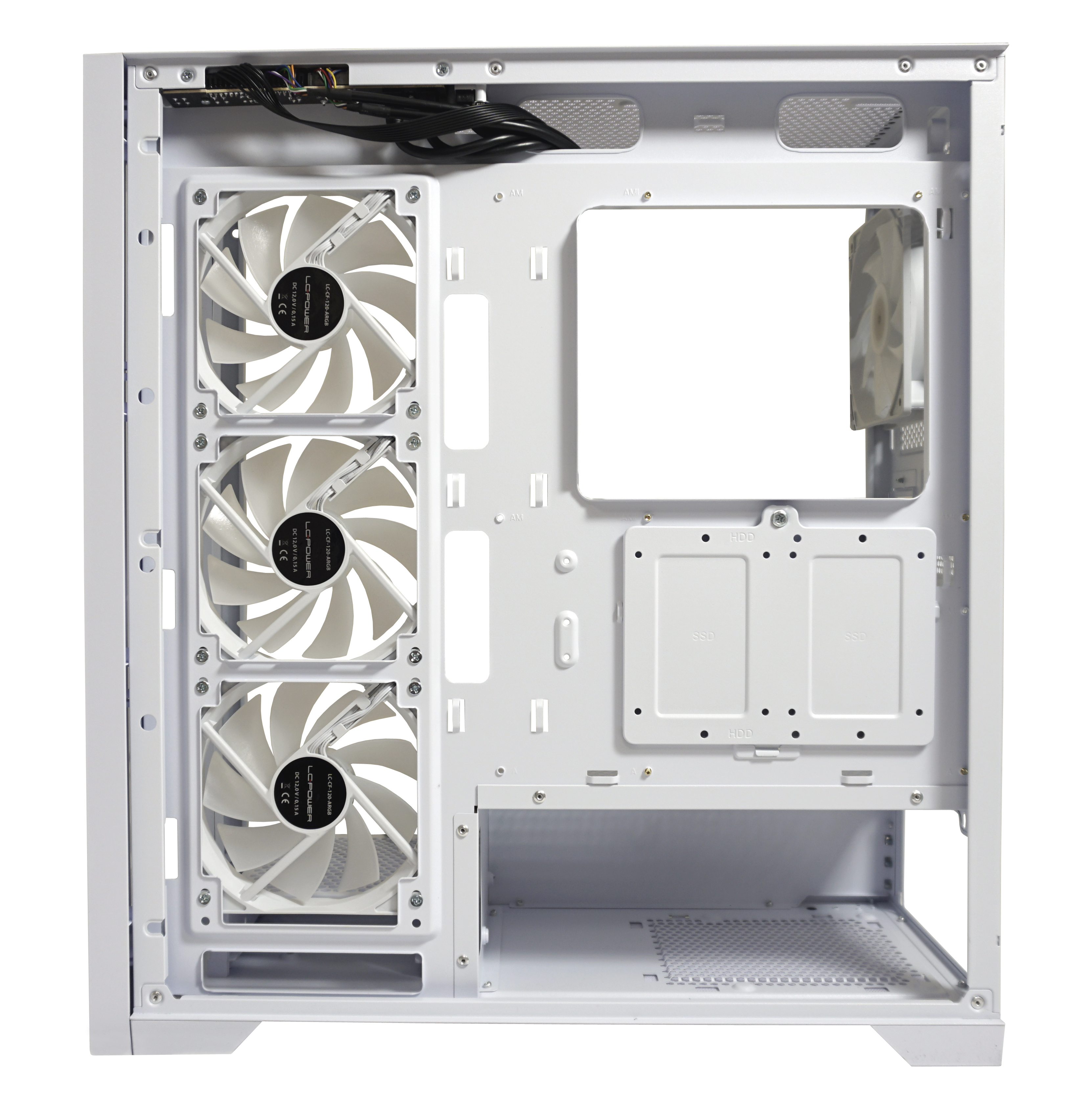 Wnętrze białej obudowy PC z wentylatorami, przegrodami i okablowaniem. Obudowa pusta.