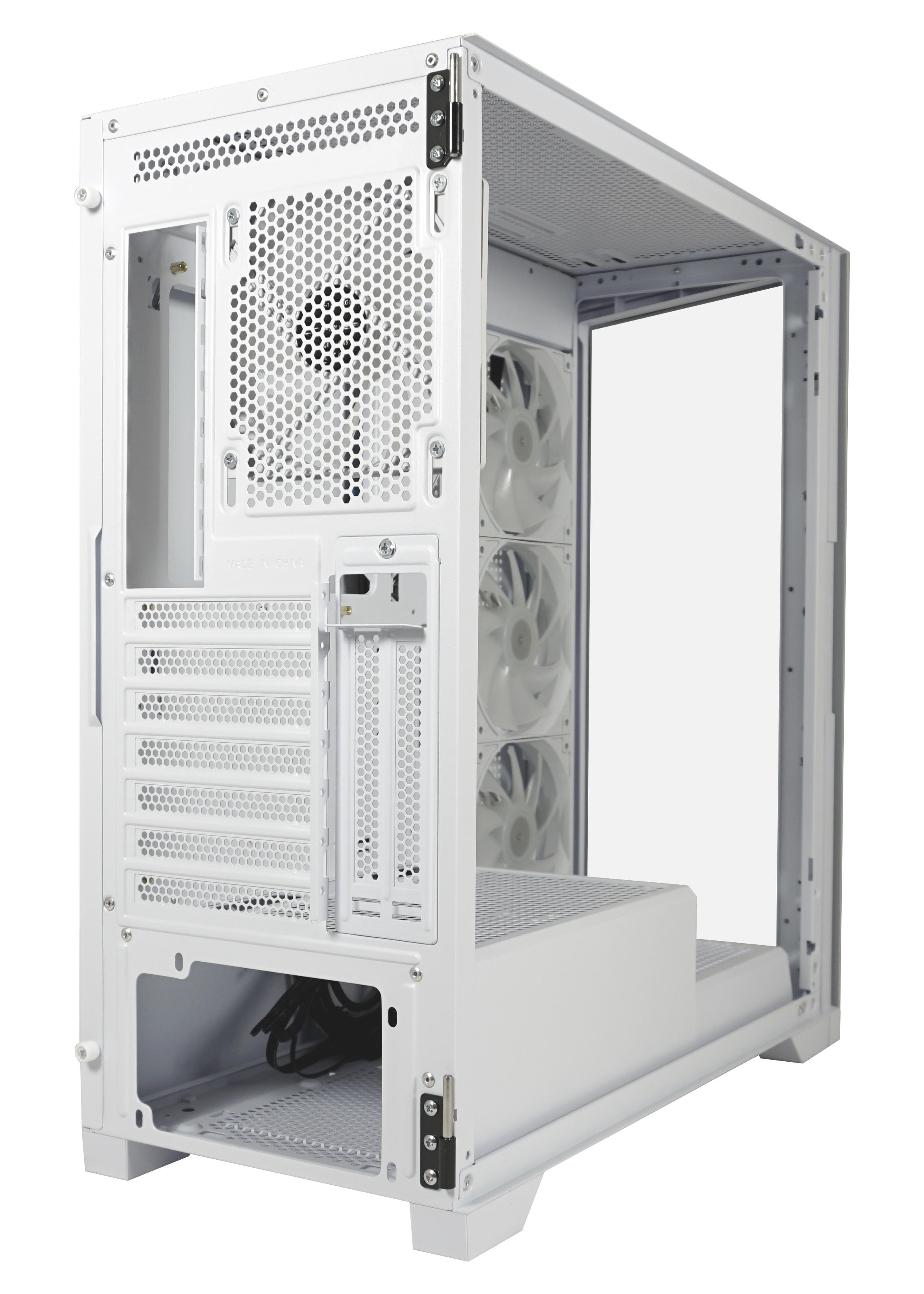 Biała obudowa komputera, widok z boku, pokazujący tył z wentylatorami i wentylacją.