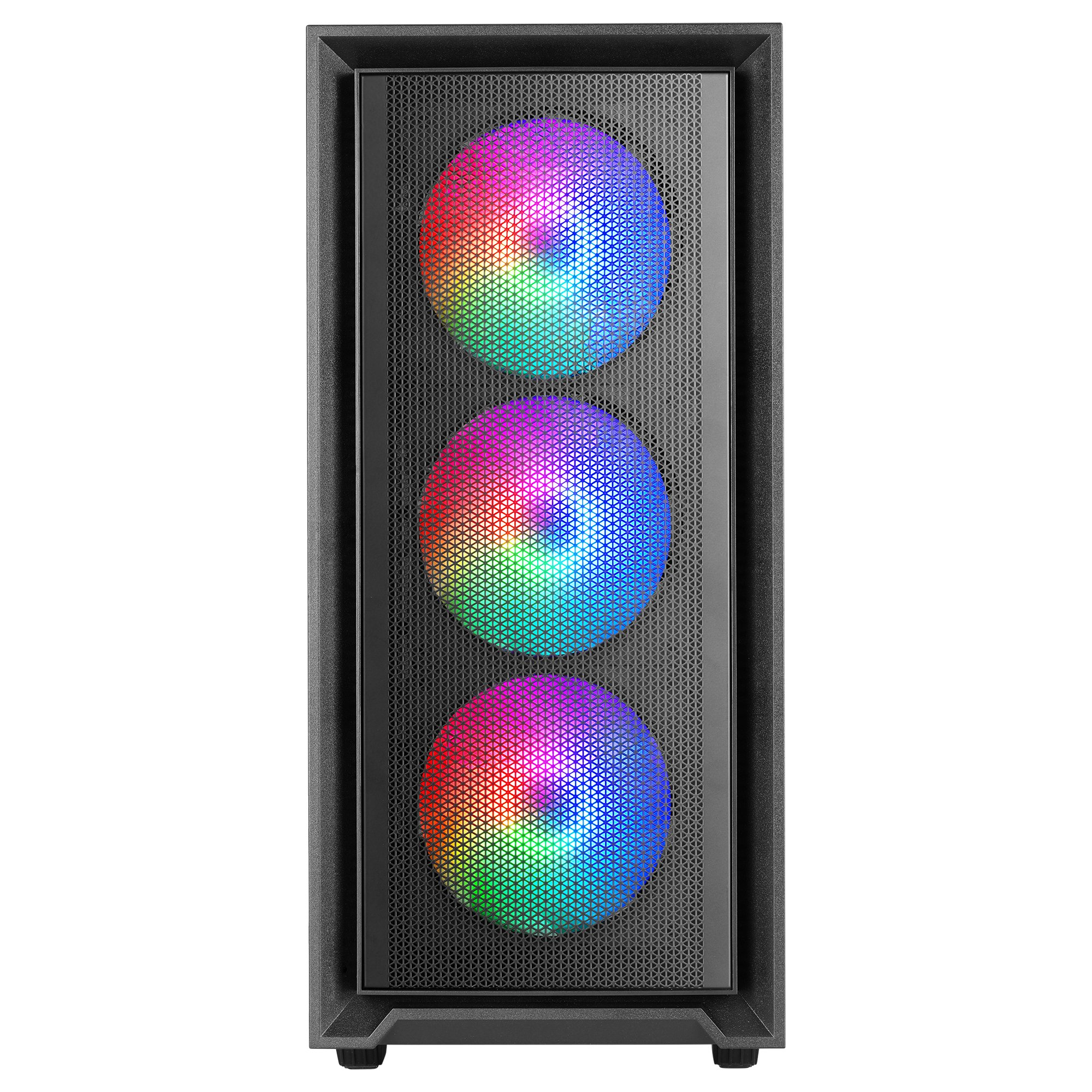 Czarna obudowa PC z trzema widocznymi wentylatorami RGB. Przedni panel jest siatkowaty.