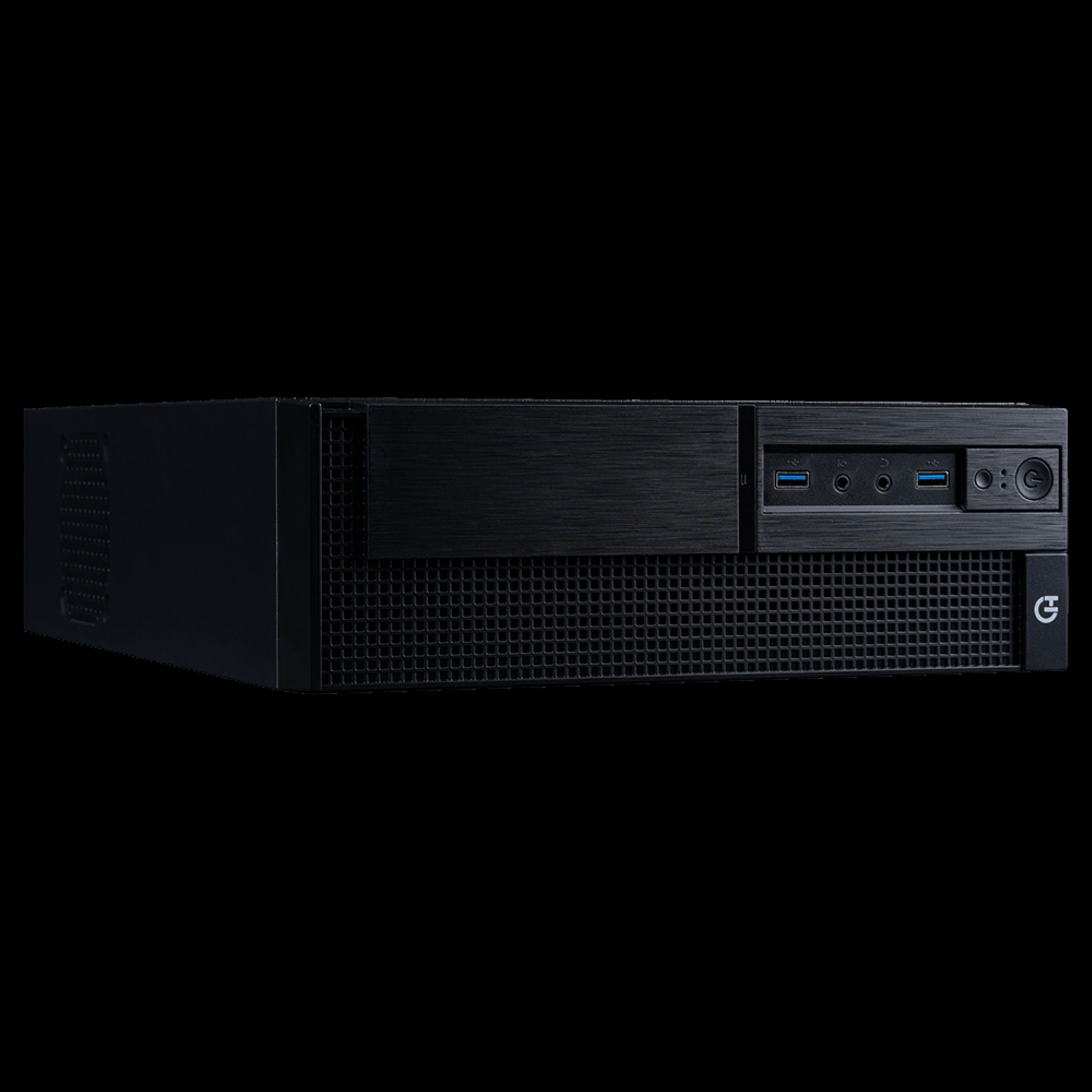 Case PC nero, vista frontale, con porte e logo, su sfondo nero.