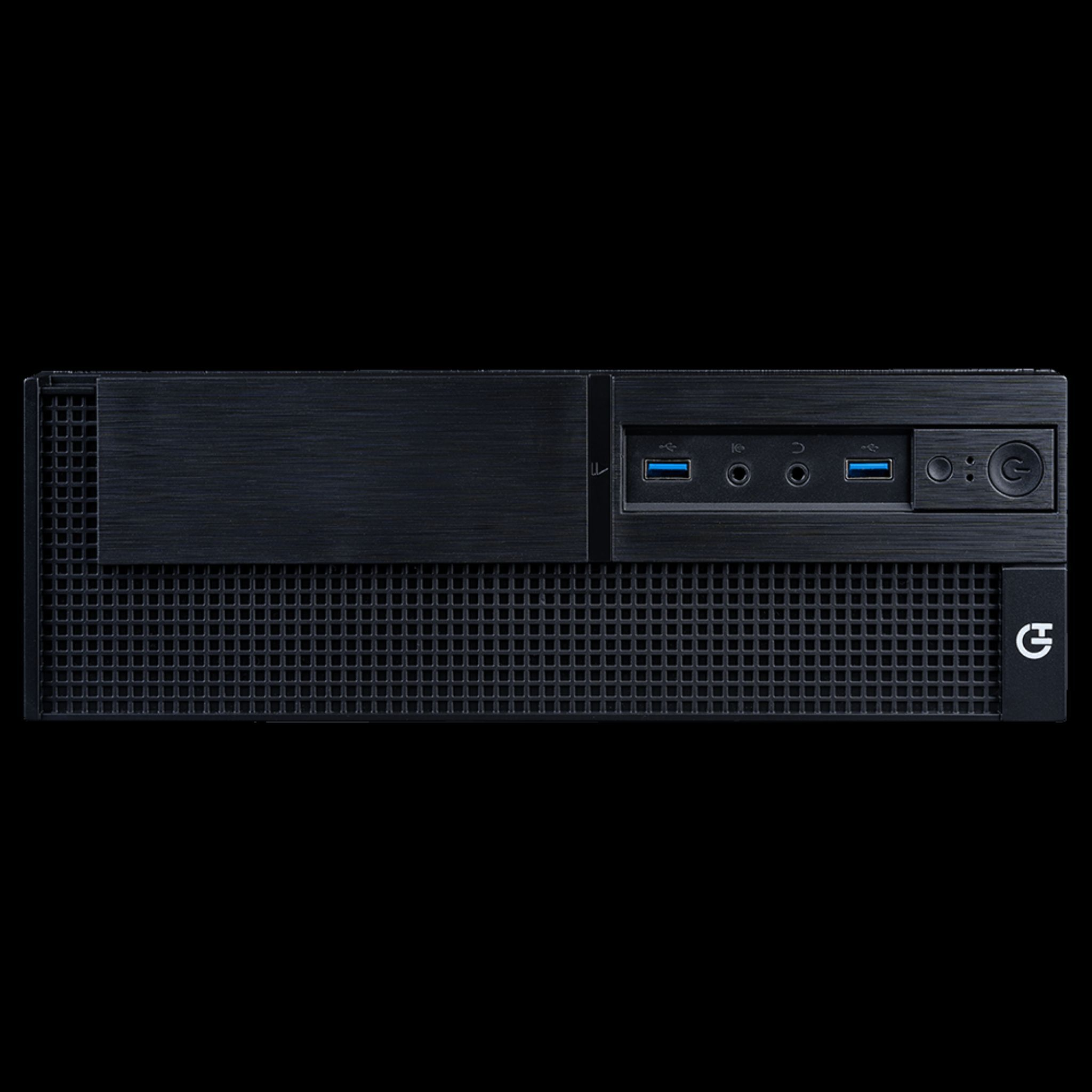 Parte frontale del case del computer nero. Porte USB, jack audio e pulsante di accensione. Sfondo nero.