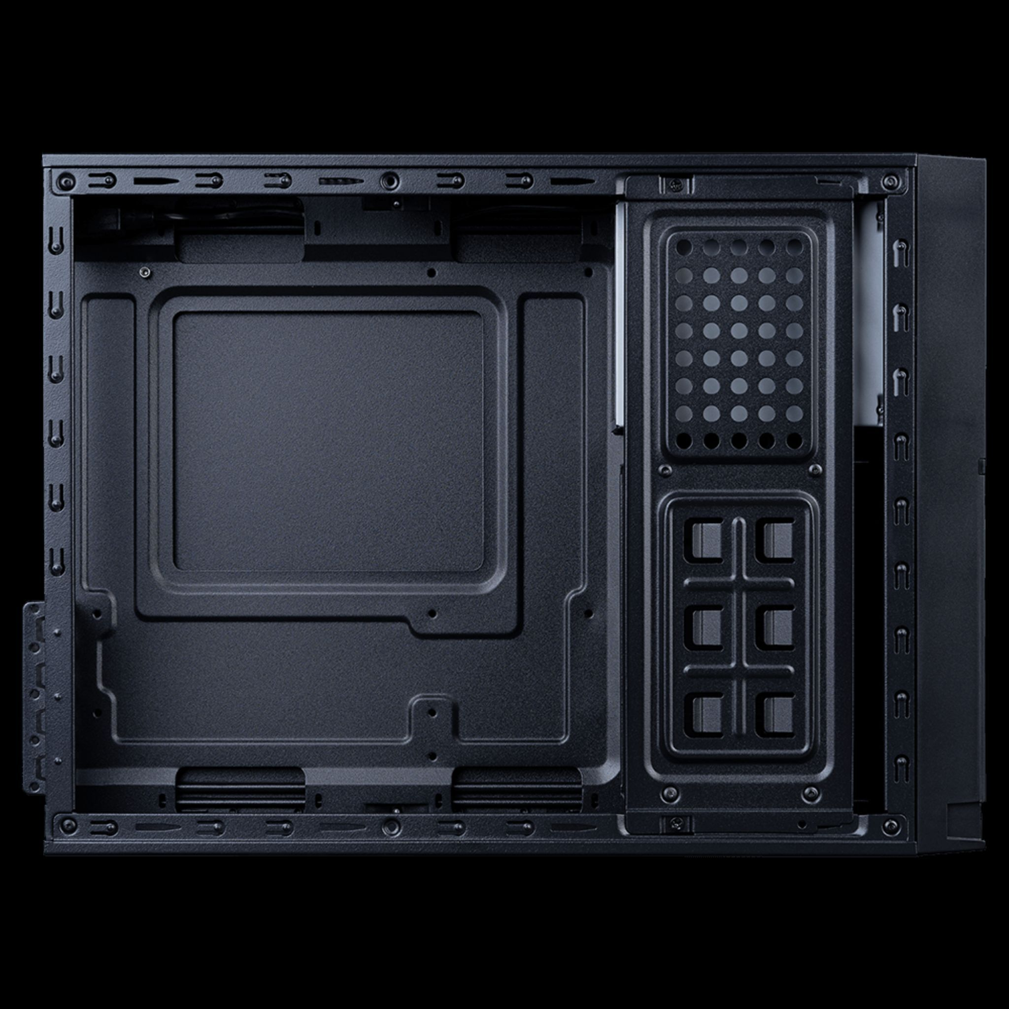 Interno vuoto di un case per computer nero, con punti di montaggio e aperture.