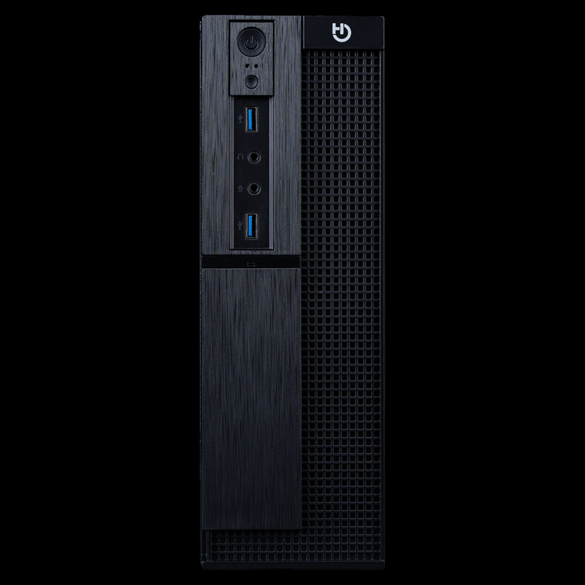 Pannello frontale di un case per computer nero. Ha alimentazione, porte USB e un'area di ventilazione a rete.