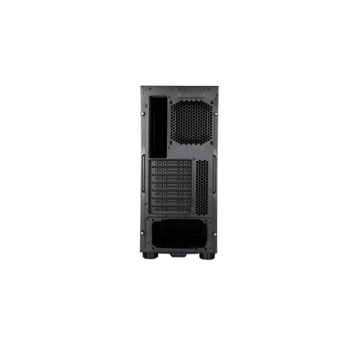 Czarny tył obudowy komputera. Pokazuje gniazda wentylatorów i porty.