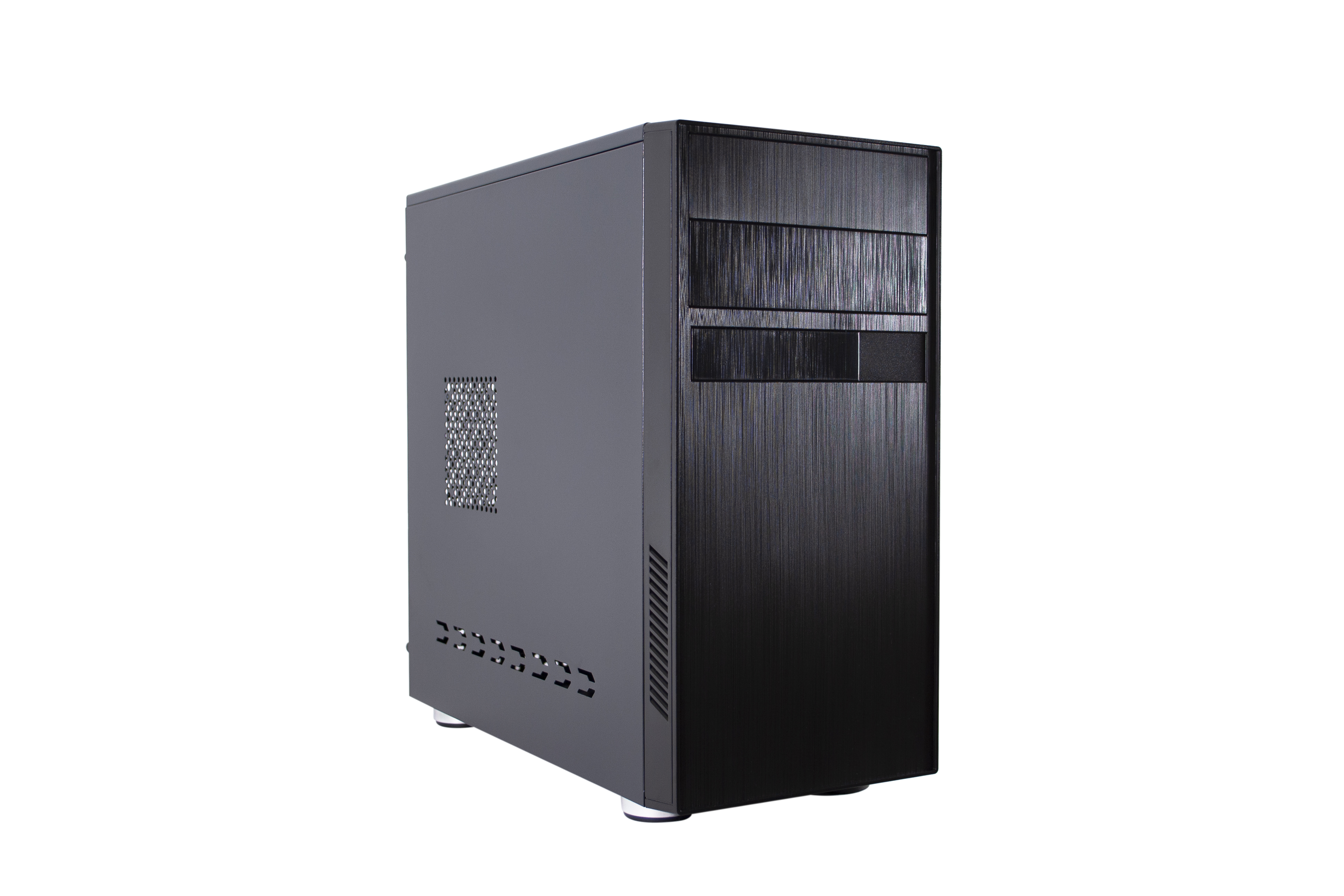 Case PC grigio e nero, vista laterale. Il case ha un effetto metallo spazzolato sul frontale.