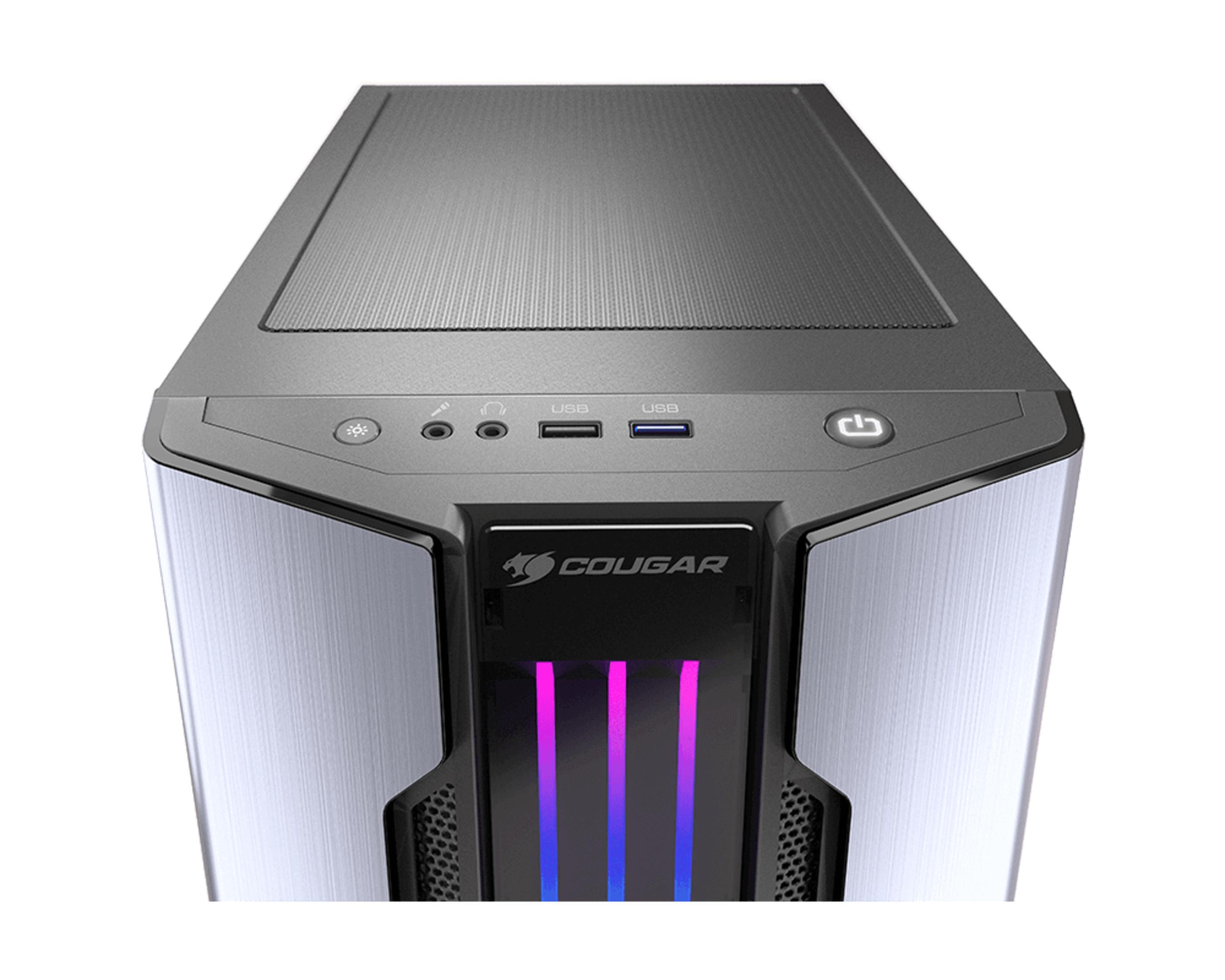 Ein schwarzes und silbernes Computergehäuse mit dem 'COUGAR'-Logo und Anschlüssen vorne.