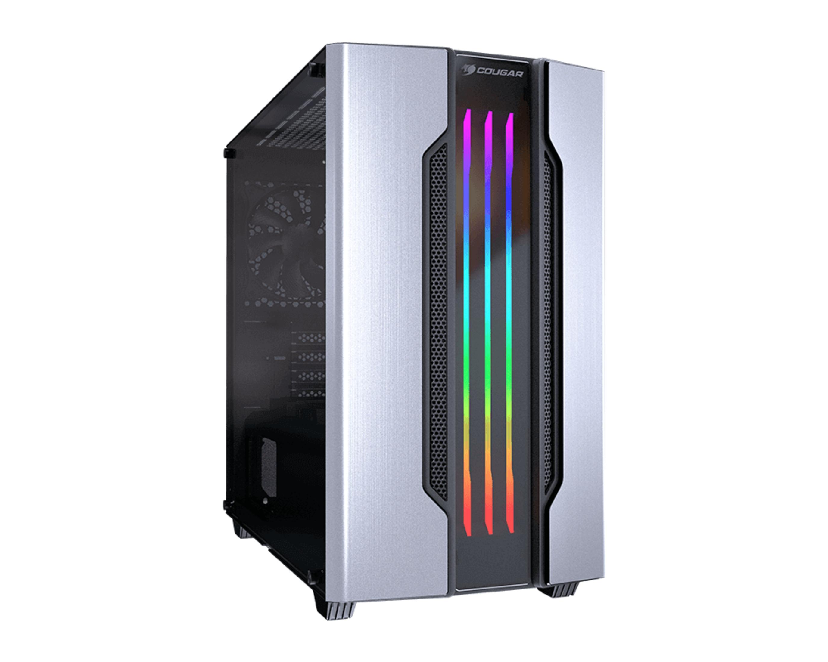 Silbernes Computergehäuse mit RGB-Lichtern und transparentem Seitenteil.