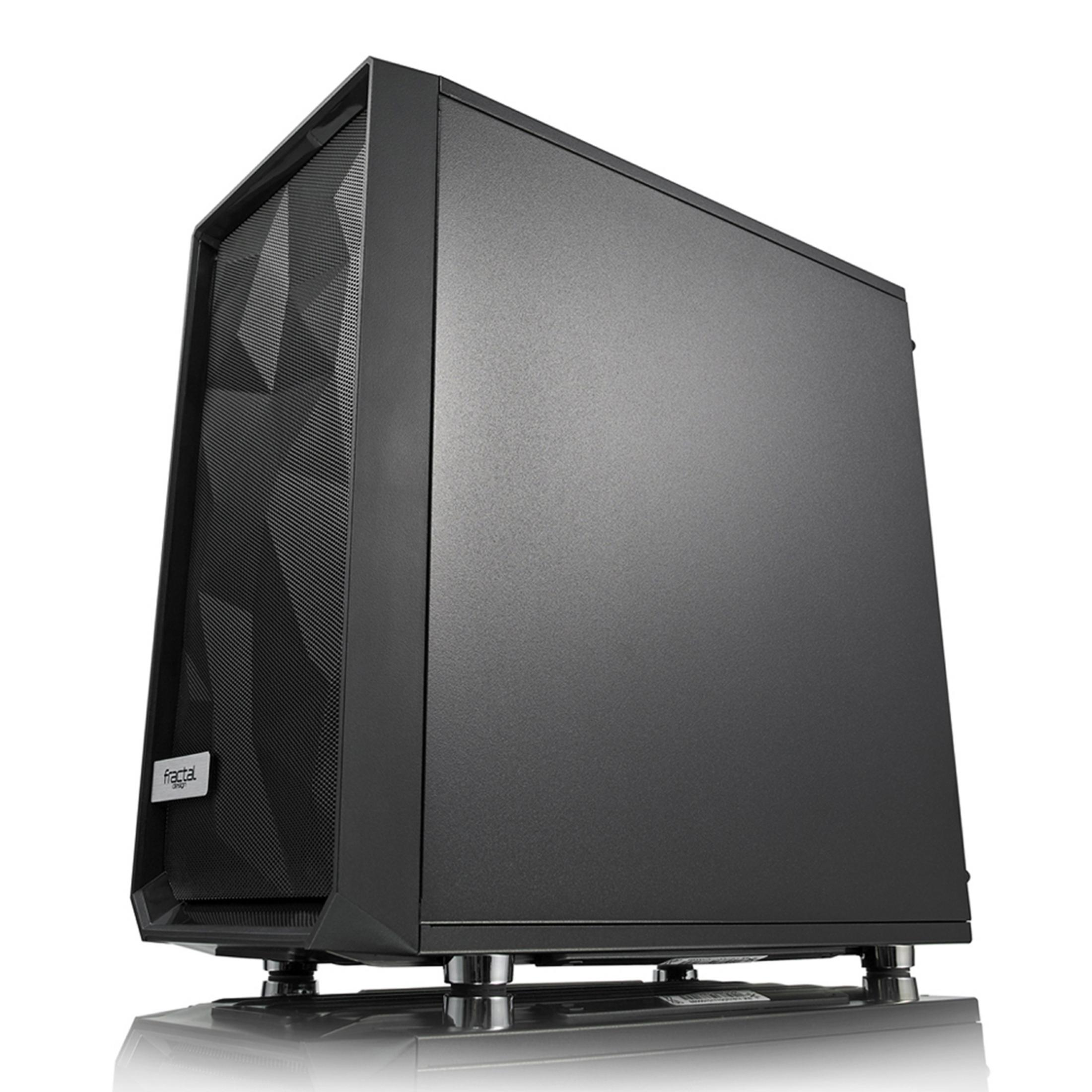 Black PC case. Angular design, textured front panel. Fractal Design logo. Metallic feet. Solid build.
