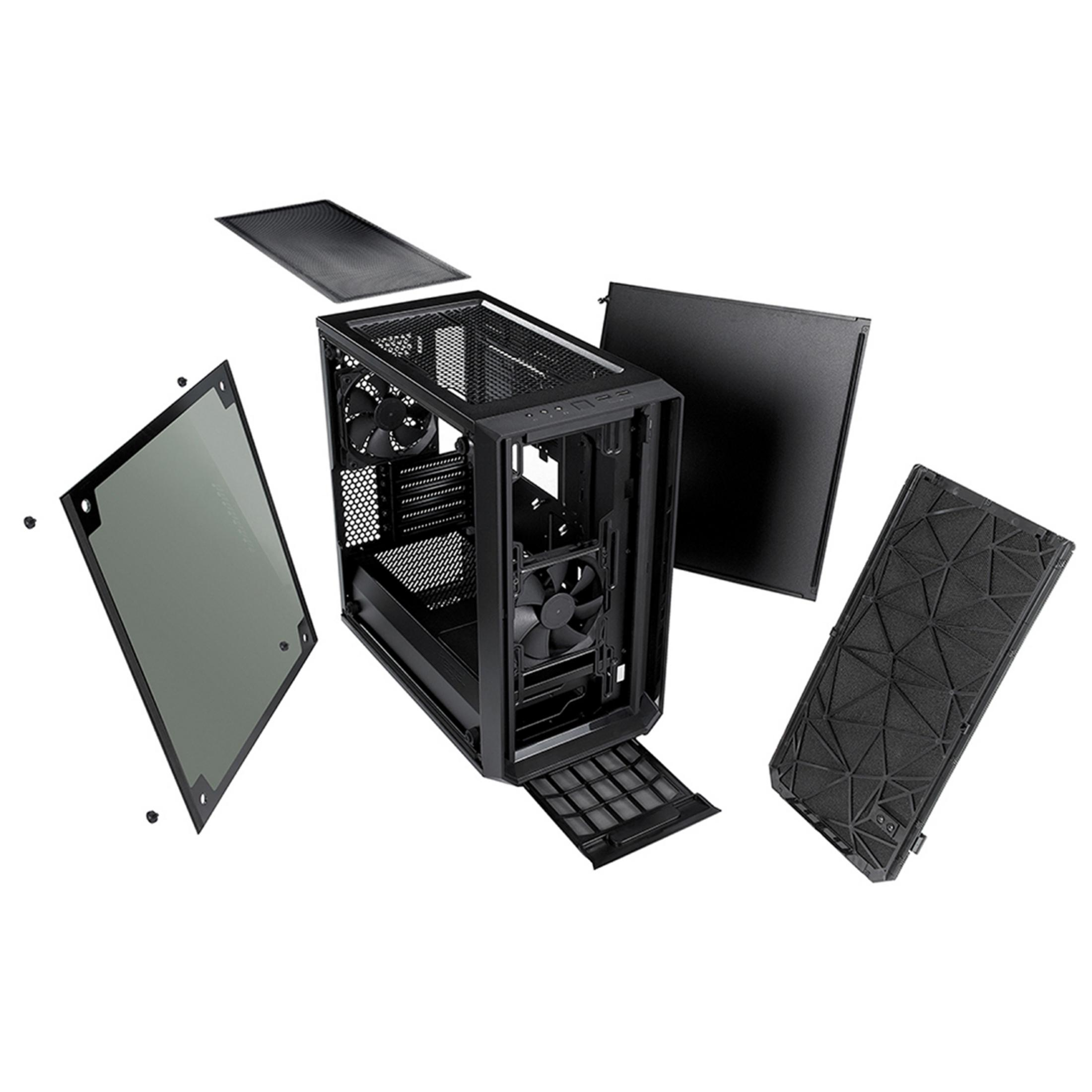 PC case disassembled, with panels, glass, and components separated, white background.