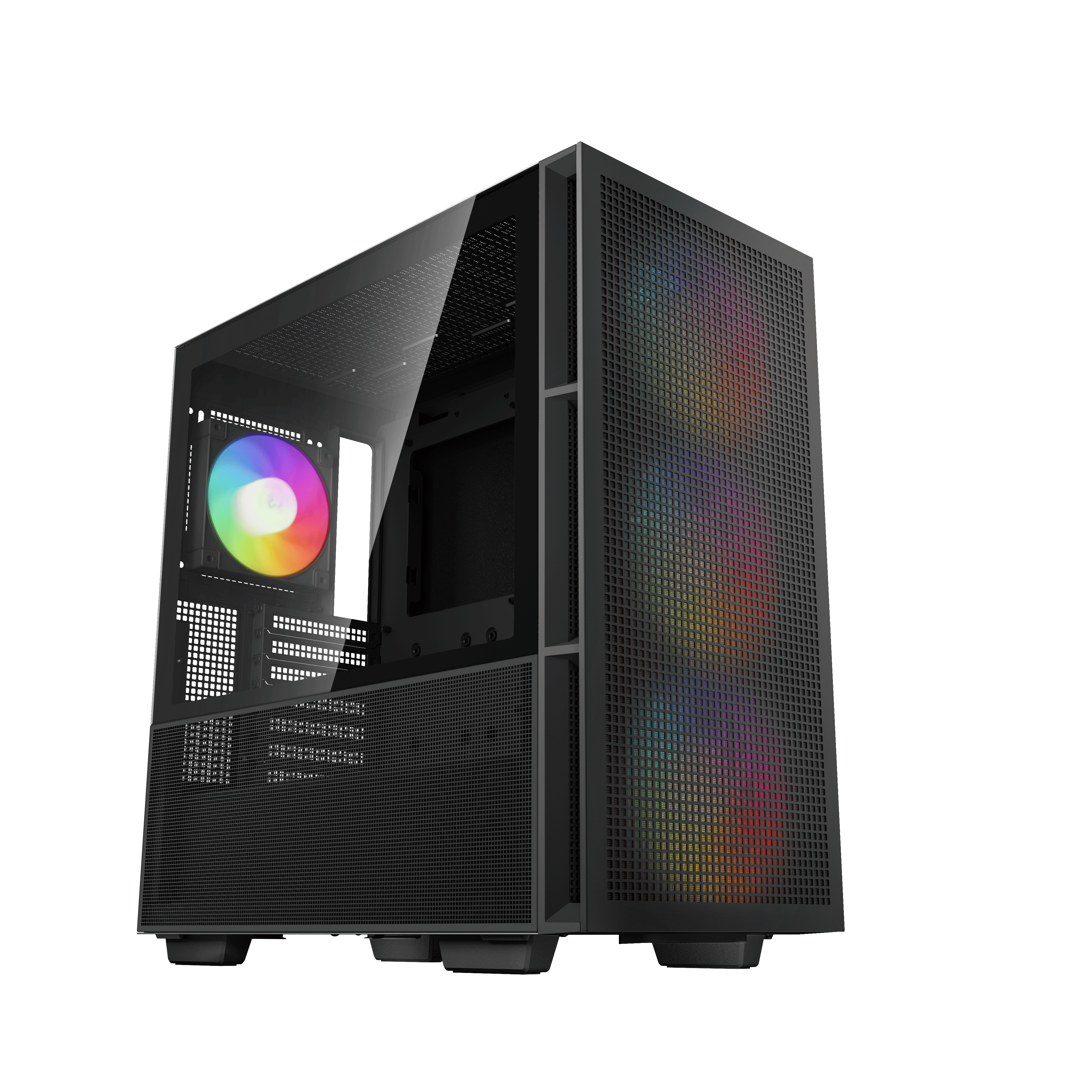 Zwarte pc-behuizing met glazen zijpaneel. RGB-ventilator zichtbaar. Geperforeerd frontpaneel. Strak en modern ontwerp.