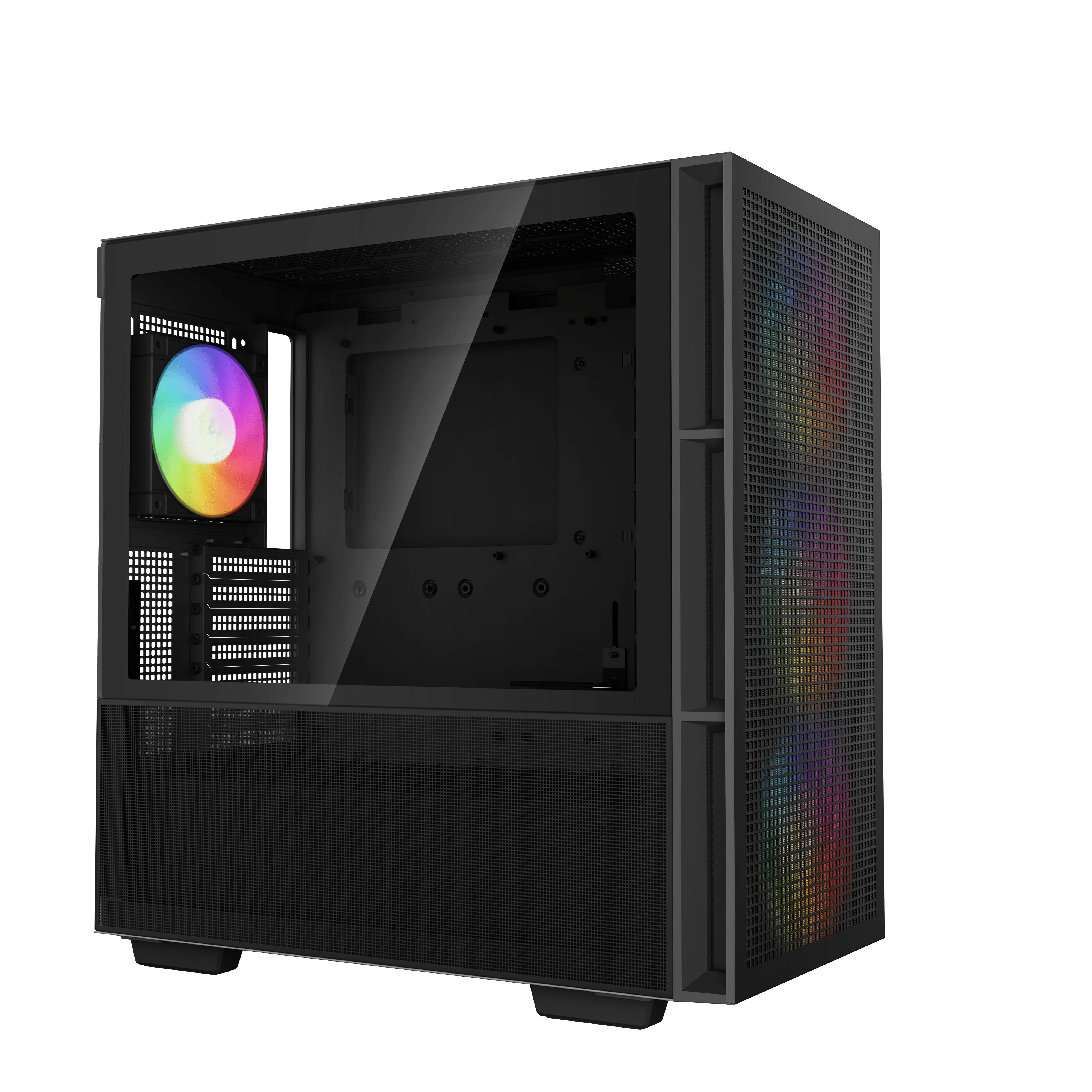 Zwarte pc-kast met glazen zijpaneel, verlichte ventilator en regenboog zijverlichting.