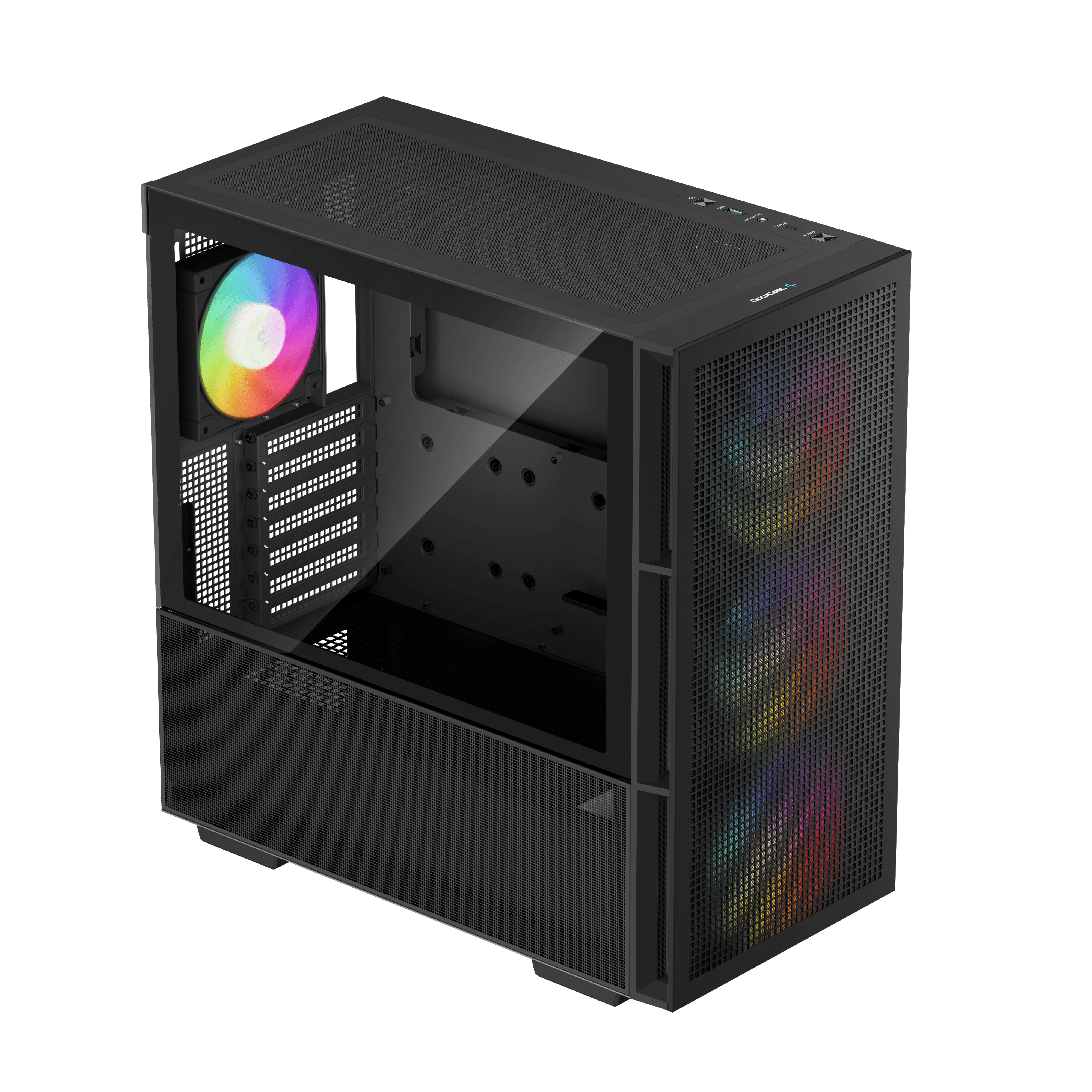 Zwarte computerkast met glazen zijkant, regenboogventilator en zijpaneel. Mesh voorpaneel.