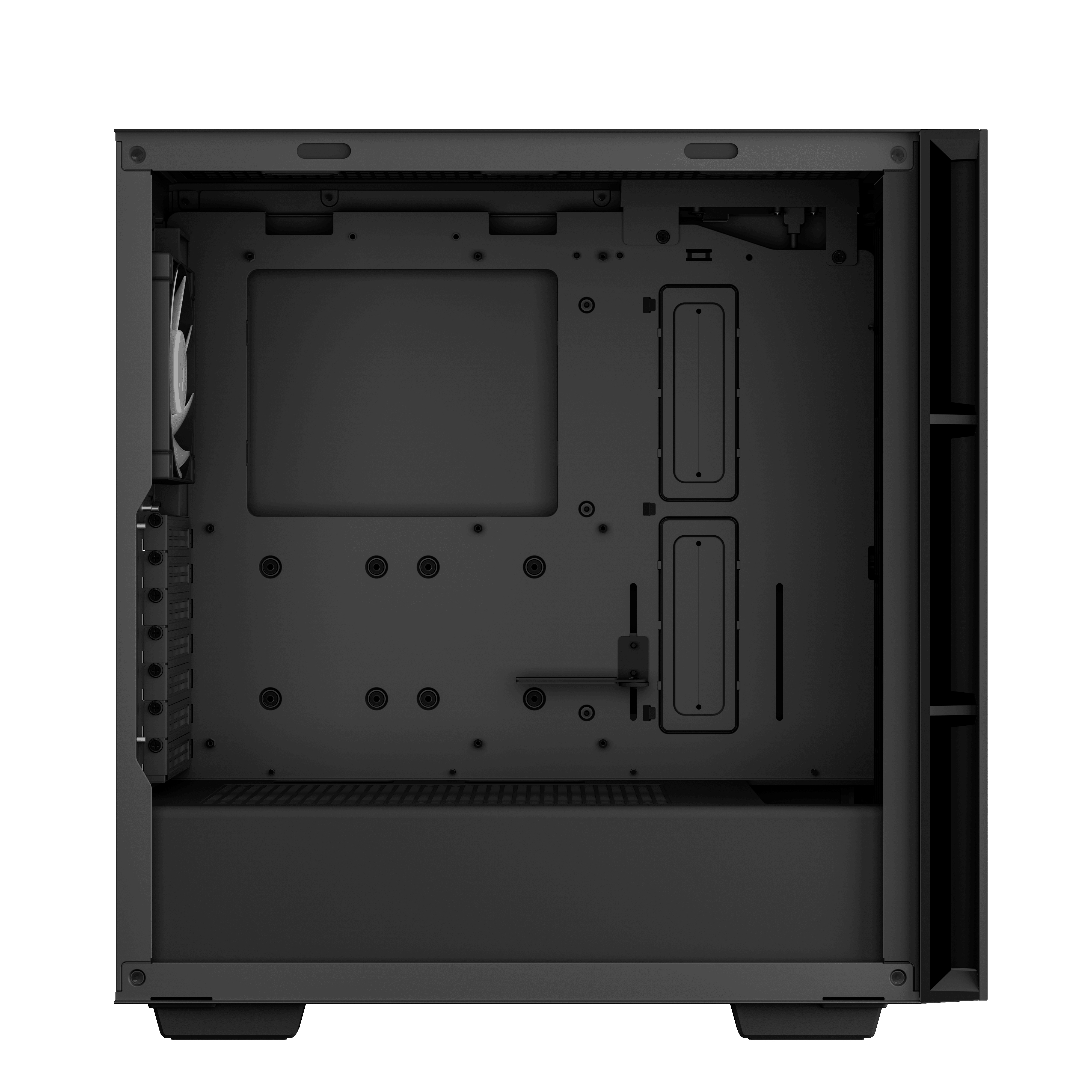 Zwarte binnenkant van de pc-kast. Geen componenten geïnstalleerd. Donker interieur. Witte achtergrond.